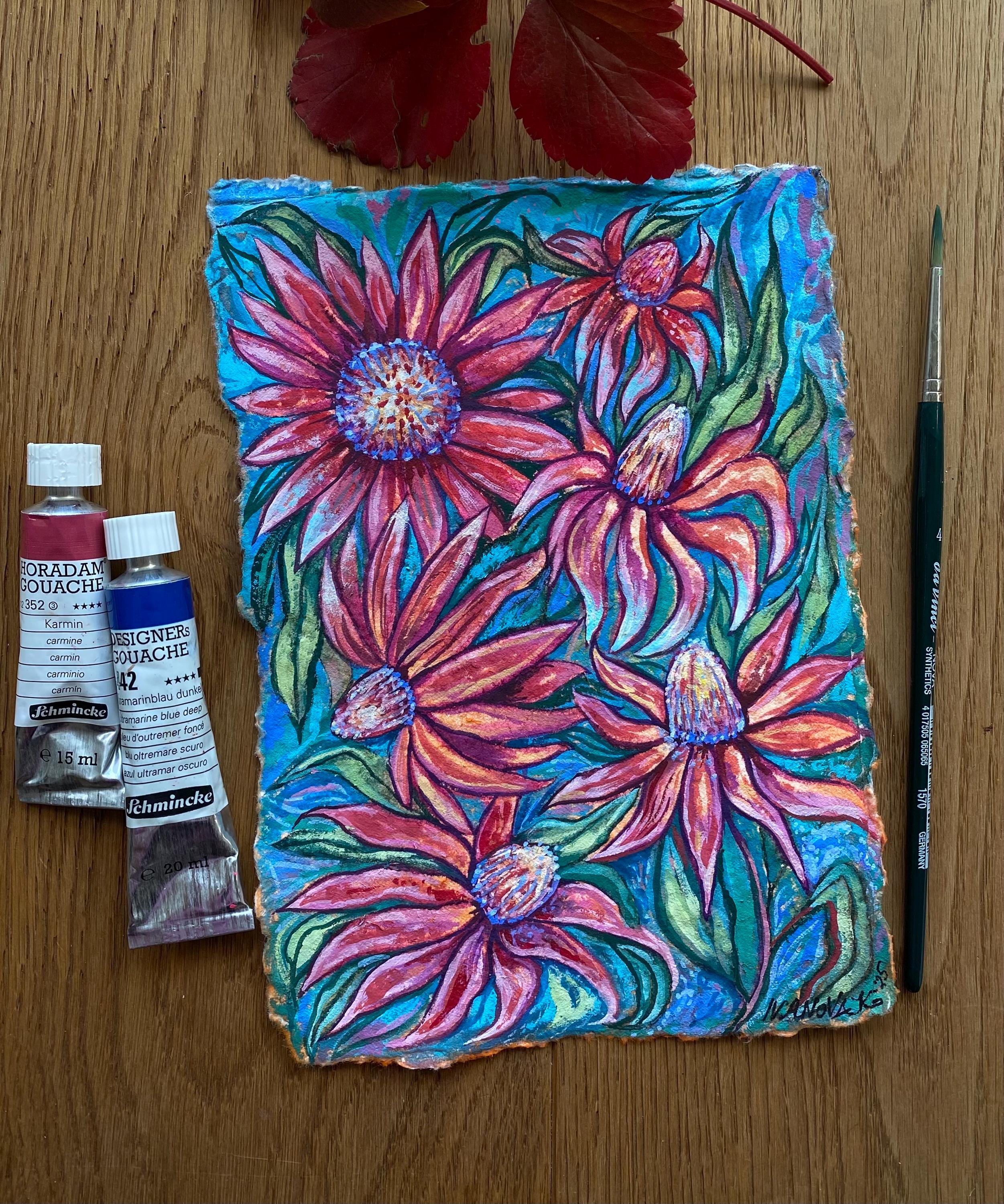 Garden flowers painting, Original gouache painting on rough paper