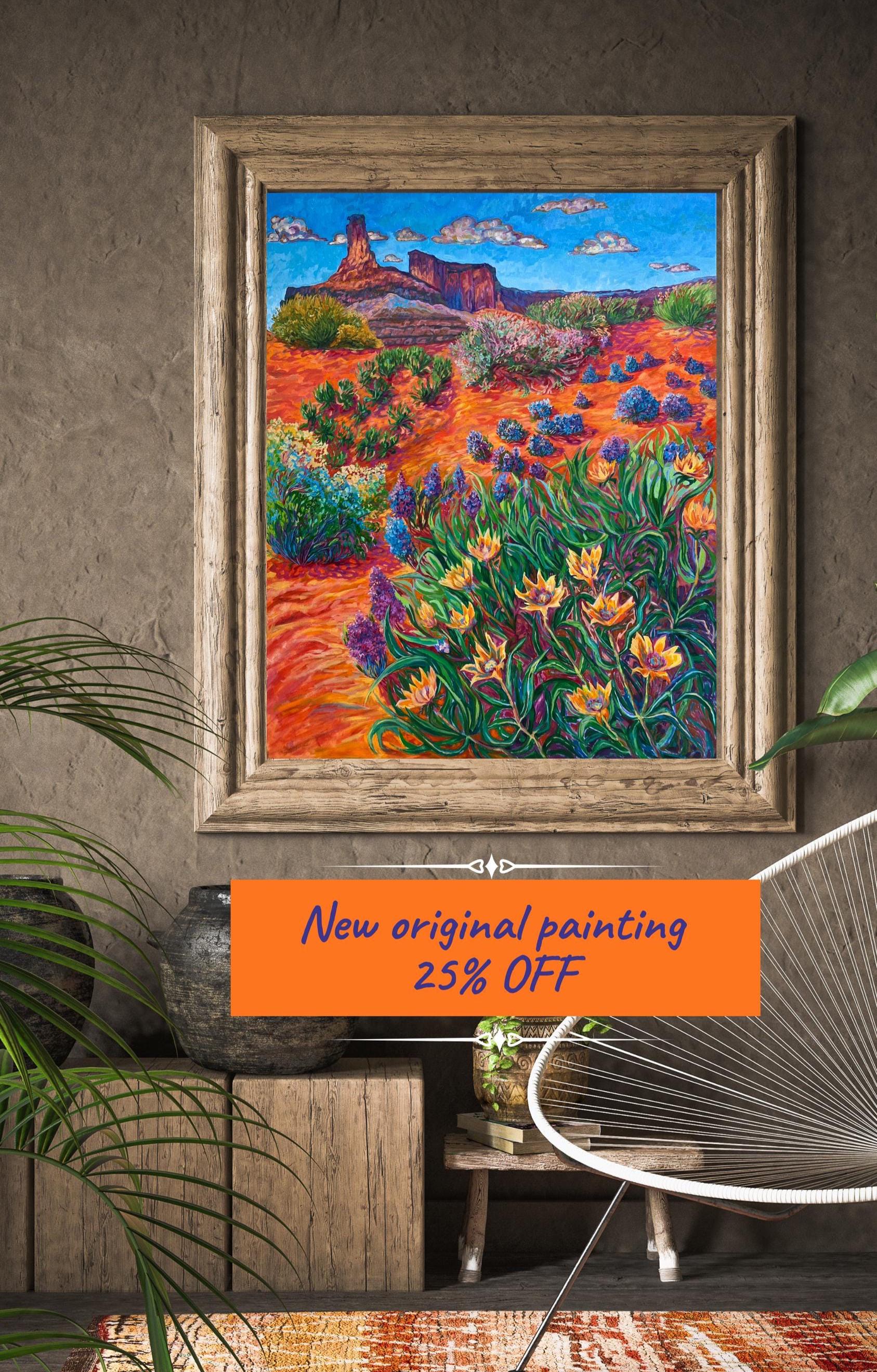 Original oil painting Cosmic orange desert landscape in impressionism and expressionism