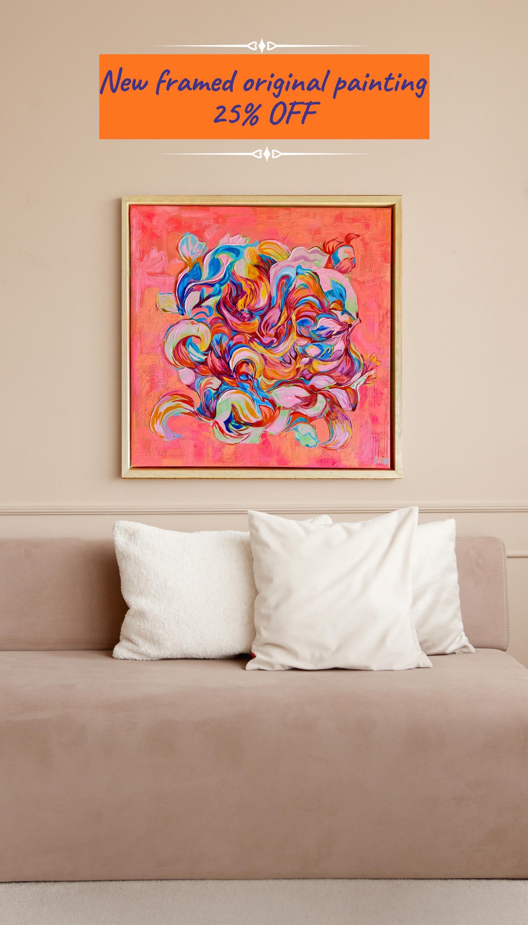 Original framed Abstract Painting, Happiness painting in Acrylic and Oil on Canvas