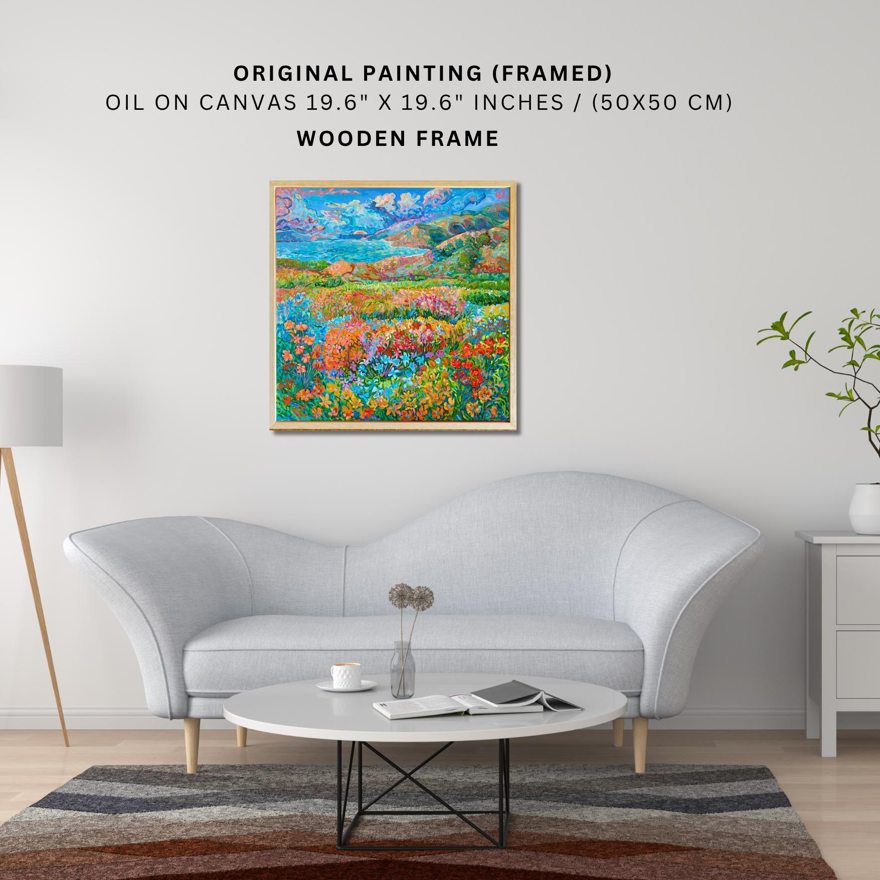 Framed Impressionist Original Oil Painting, Colorful Floral Landscape (19.6" x 19.6")