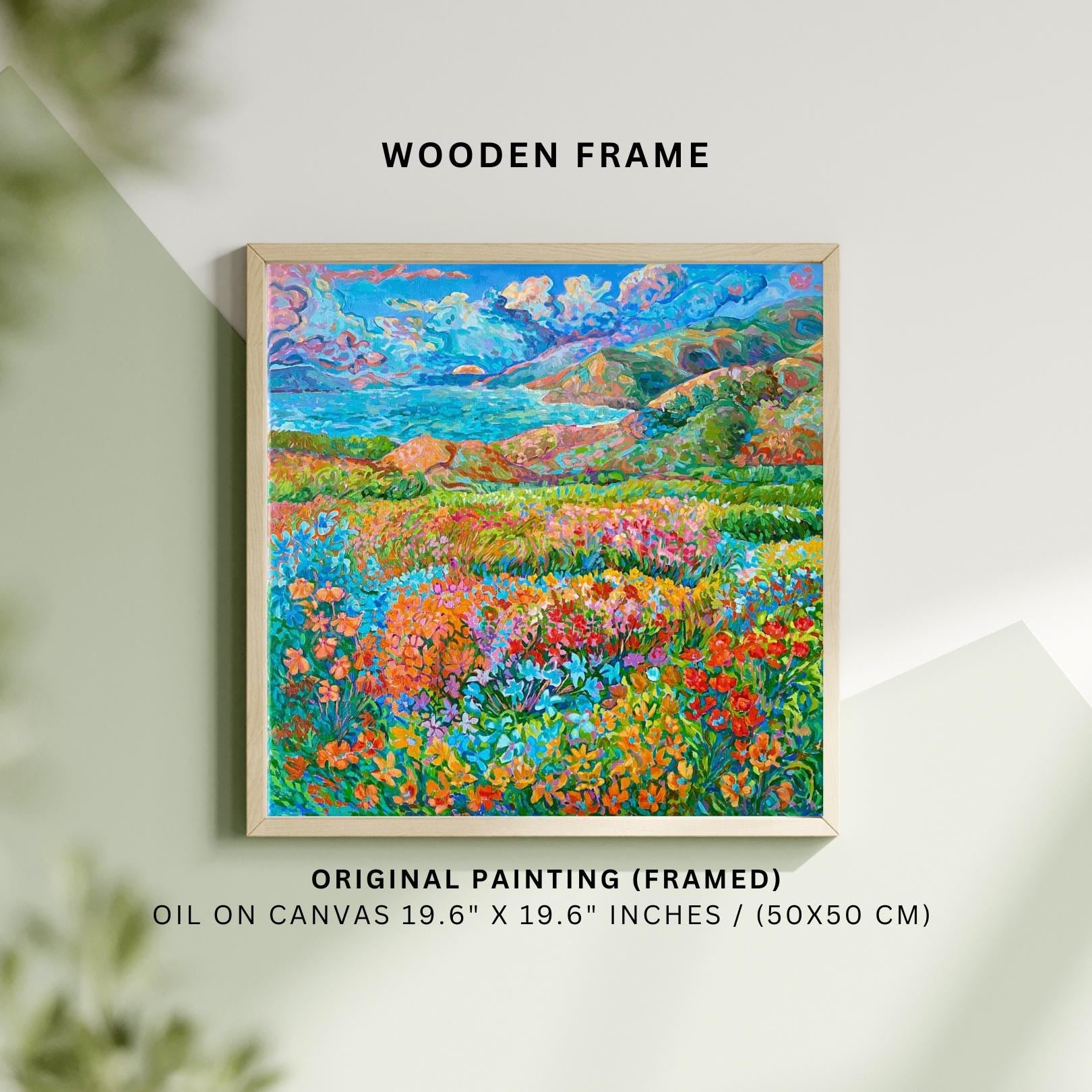 Framed Impressionist Original Oil Painting, Colorful Floral Landscape (19.6" x 19.6")