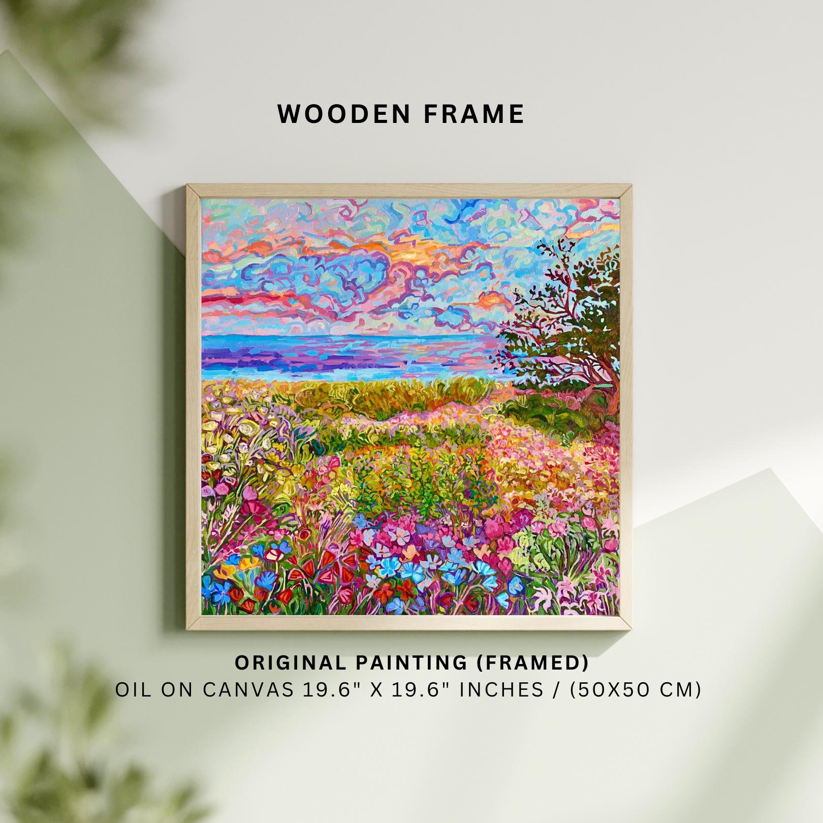 Framed Floral Landscape Oil Painting: Original Impasto Art, 50x50cm