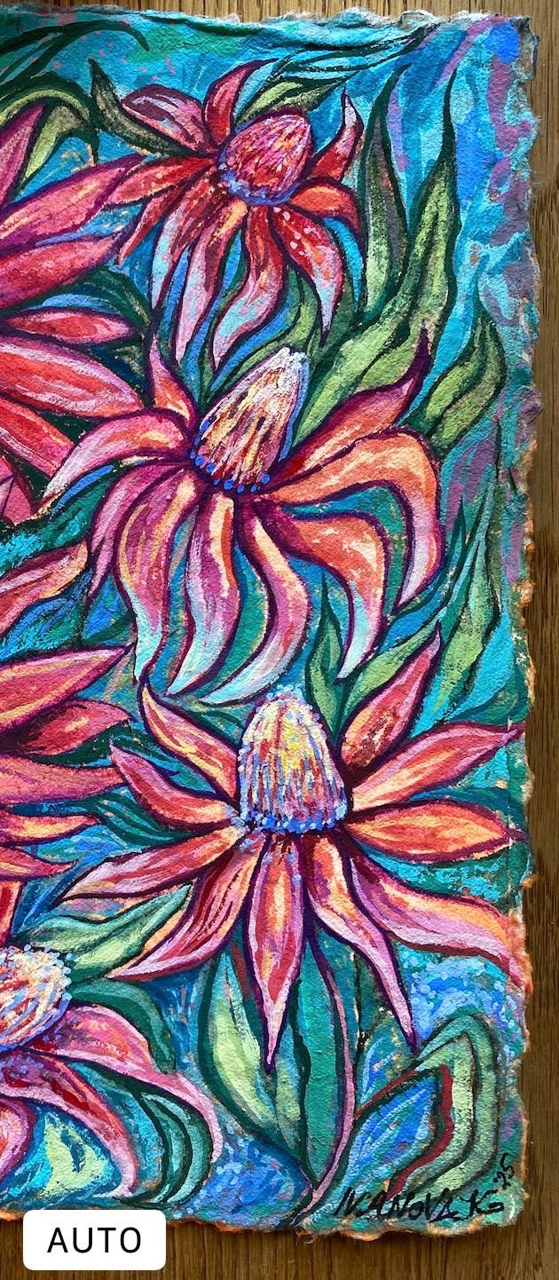 Garden flowers painting, Original gouache painting on rough paper