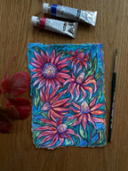 Garden flowers painting, Original gouache painting on rough paper