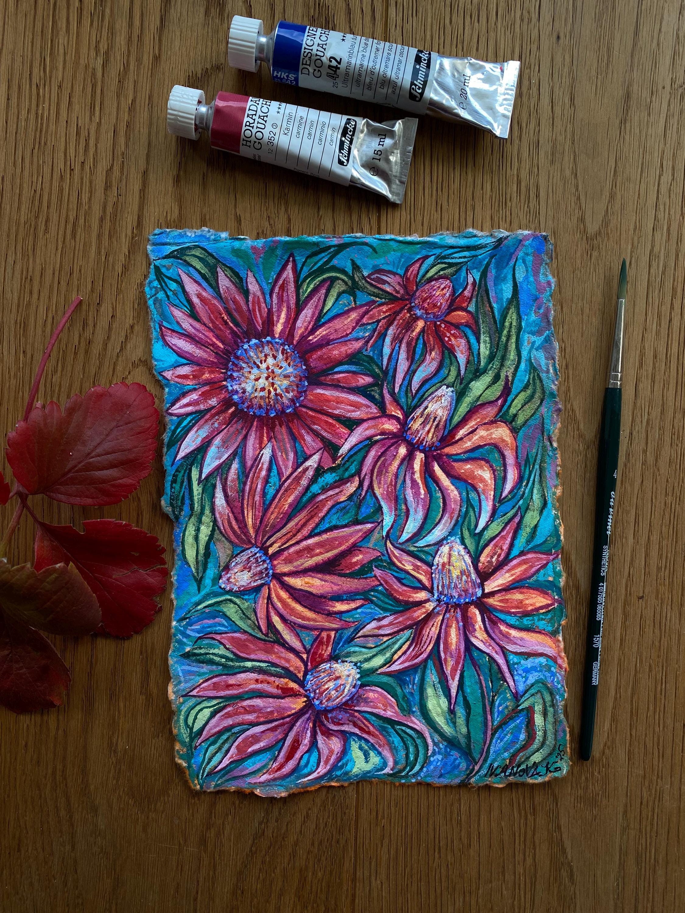 Garden flowers painting, Original gouache painting on rough paper
