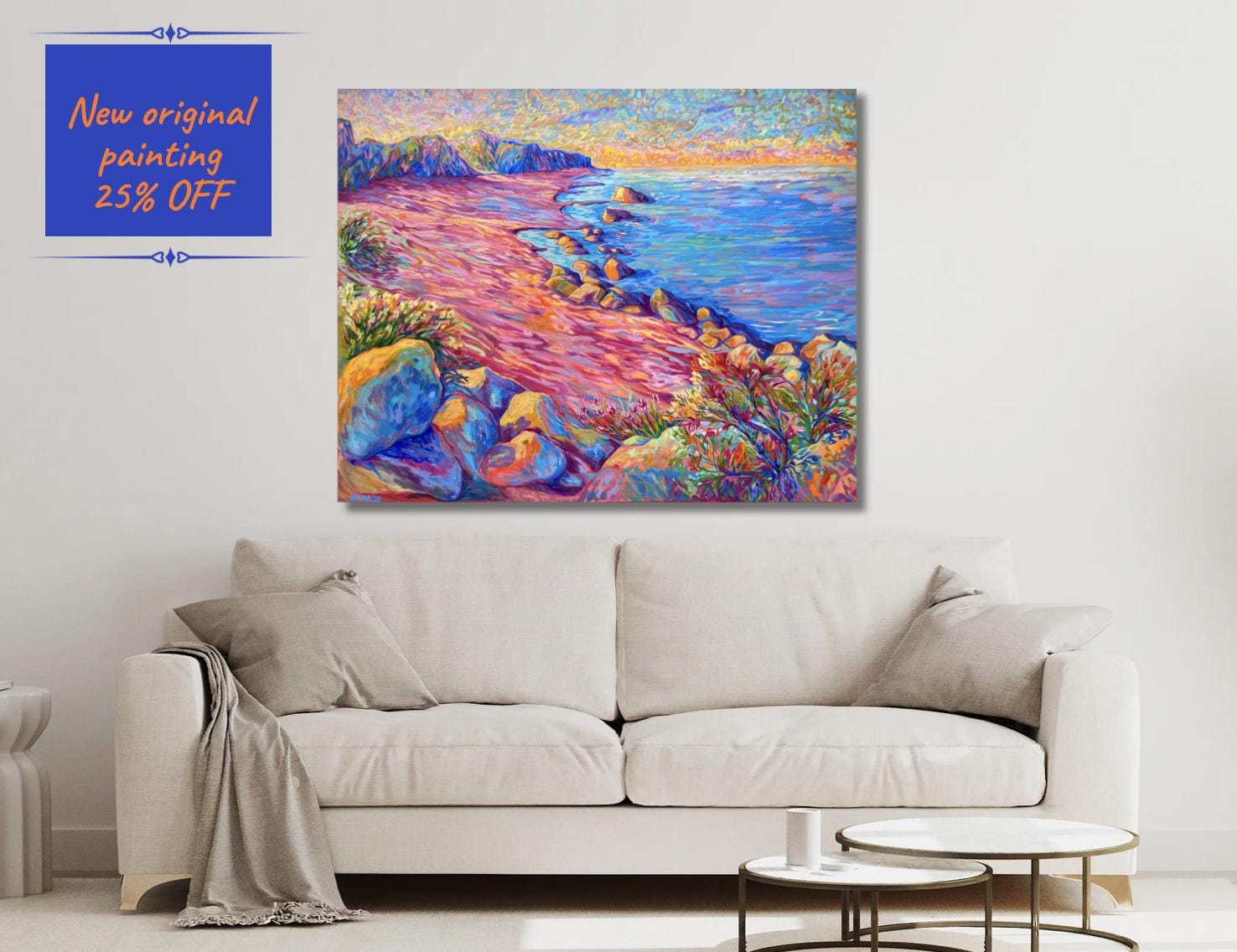 Original oil painting, calm sunrise on the shoreline, in impressionism, shoreline landscape,