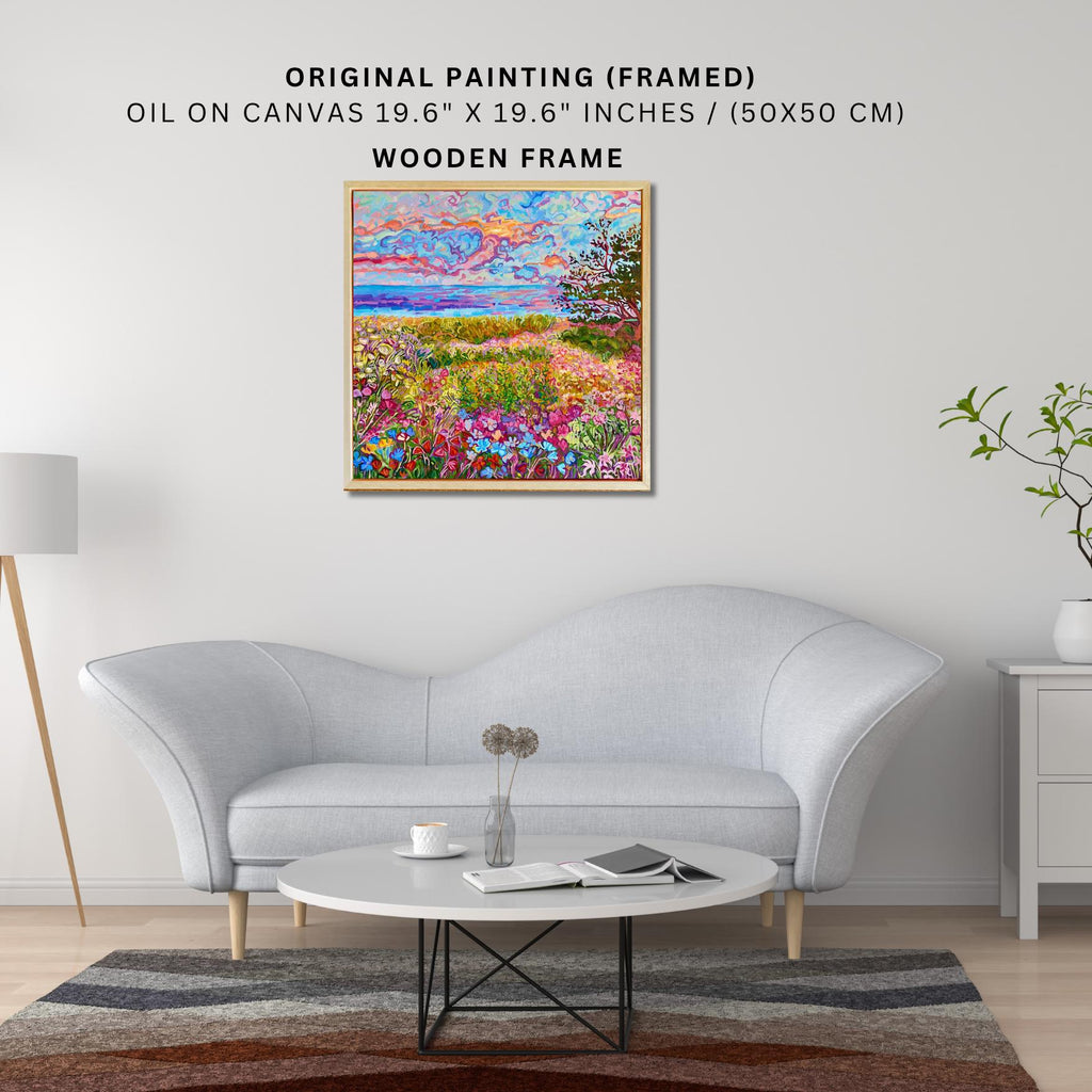 Framed Floral Landscape Oil Painting: Original Impasto Art, 50x50cm