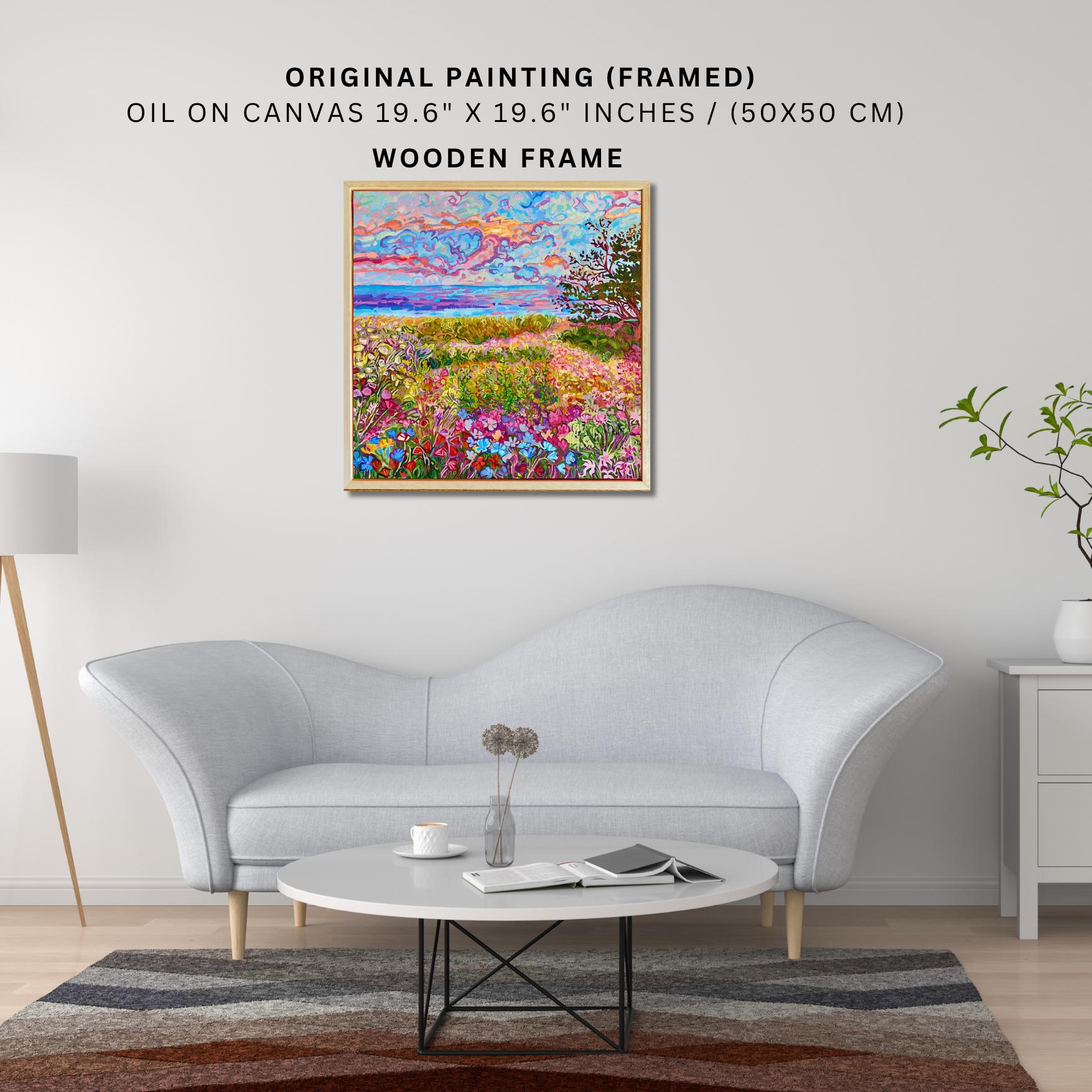 Framed Floral Landscape Oil Painting: Original Impasto Art, 50x50cm