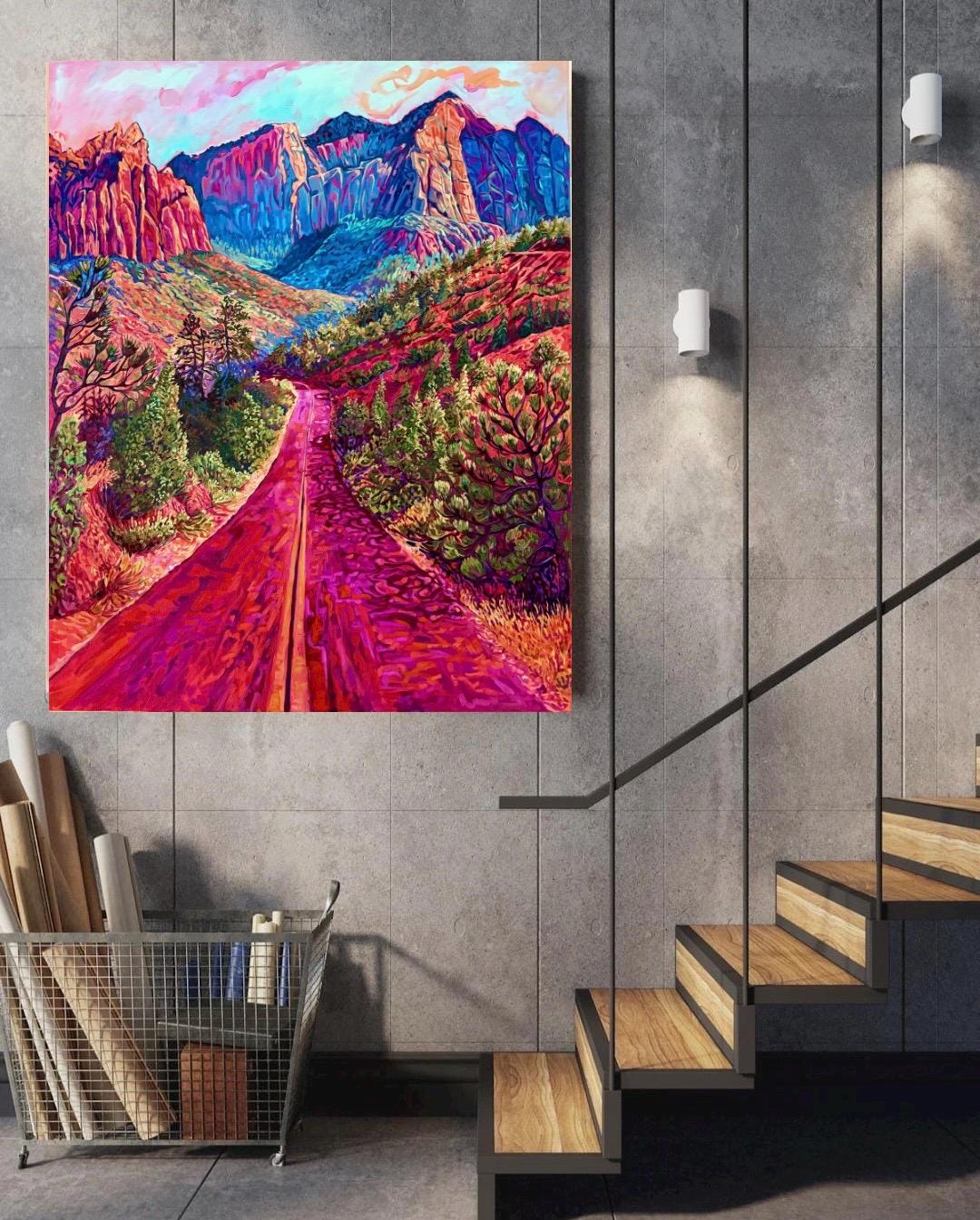Original valuable oil painting red road landscape in impressionism and expressionism