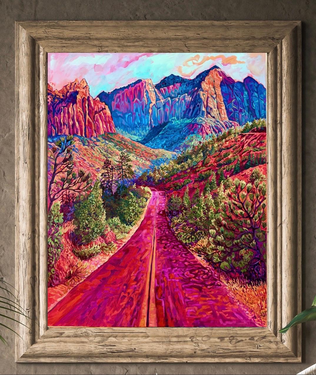 Original valuable oil painting red road landscape in impressionism and expressionism