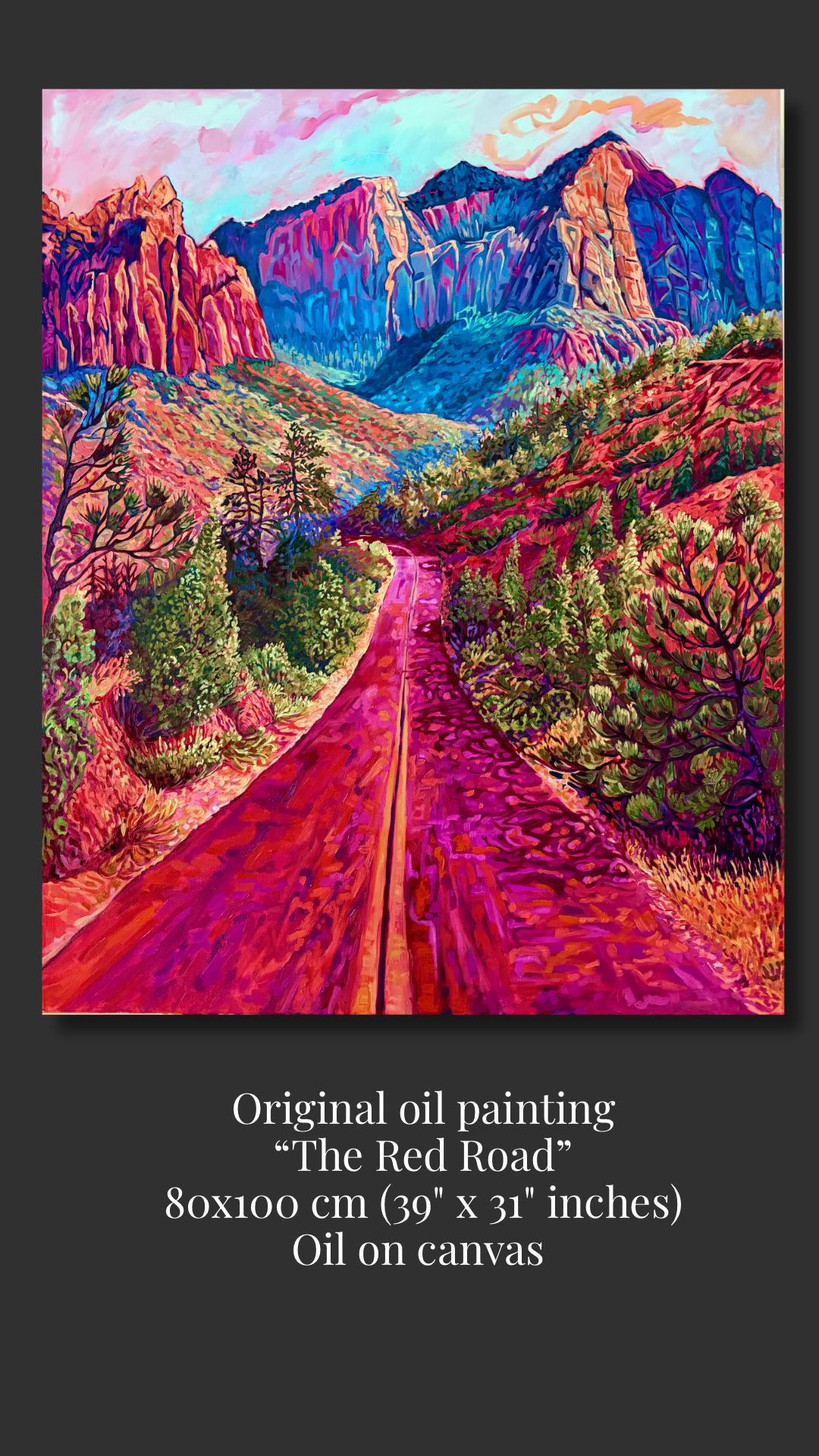 Original valuable oil painting red road landscape in impressionism and expressionism