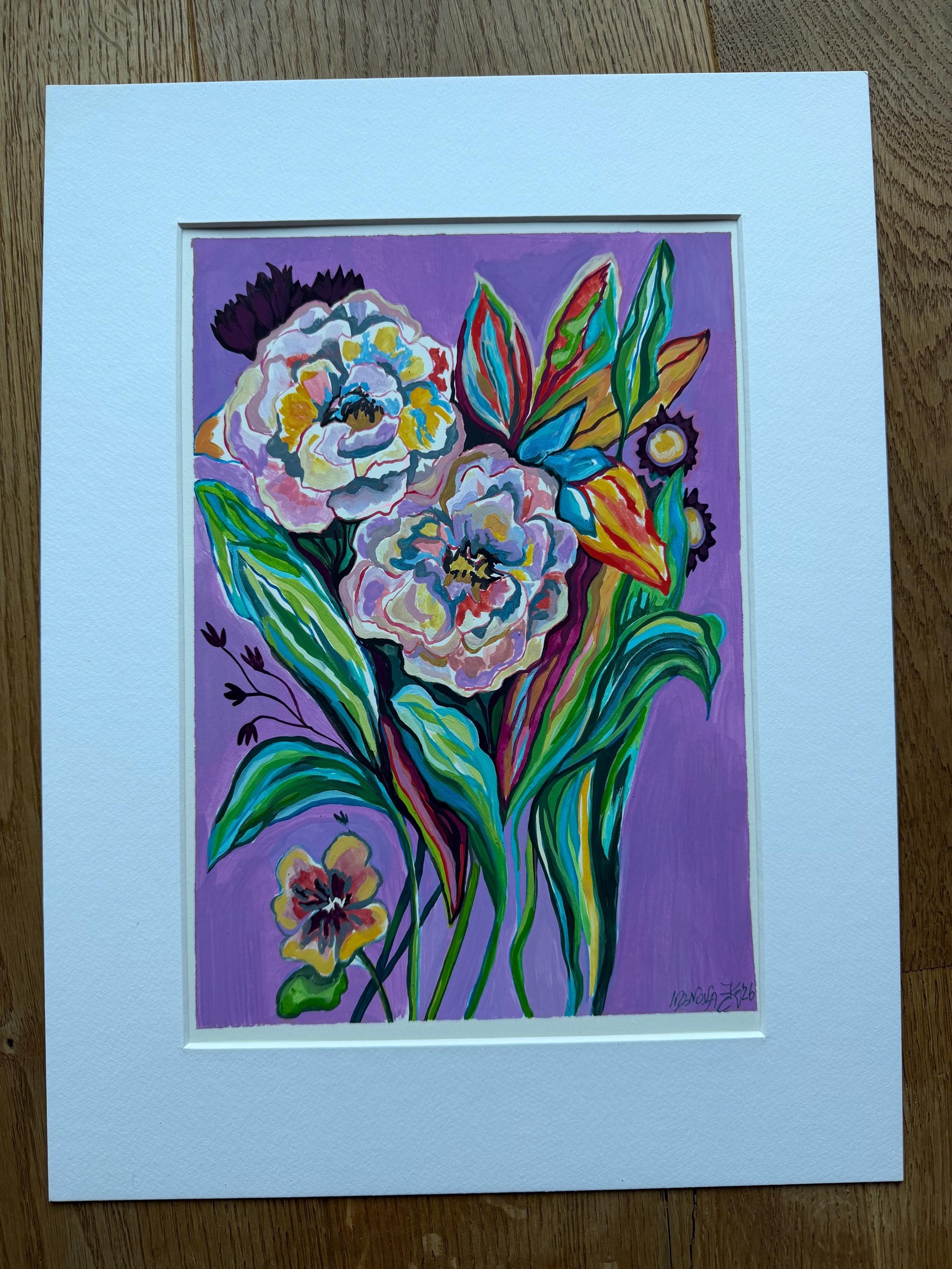 Flowers painting, Original gouache painting on smooth paper