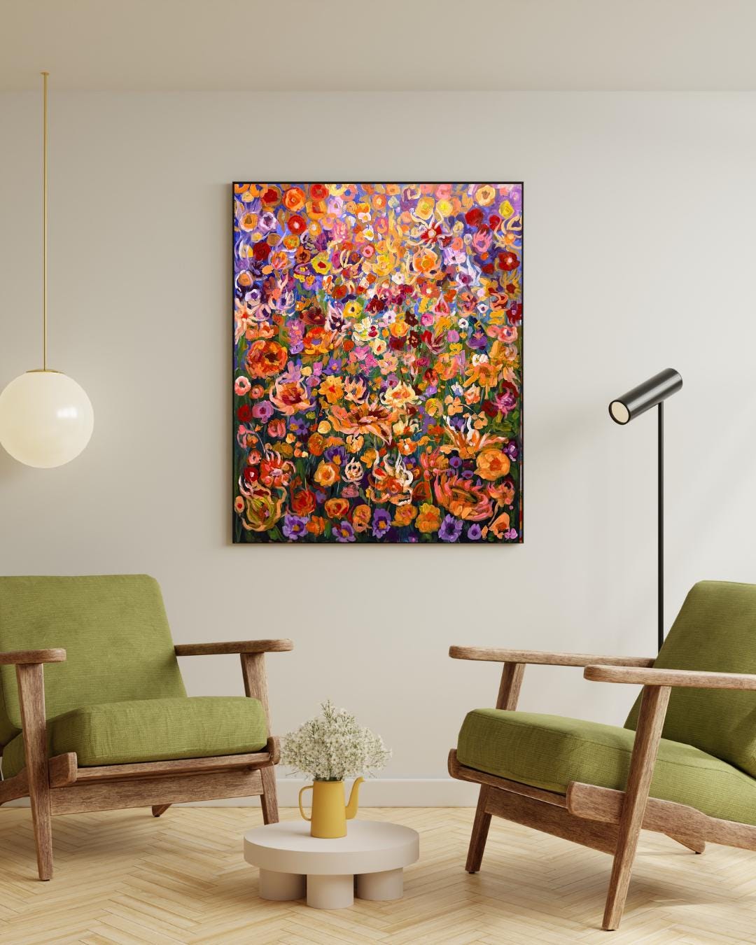 Original Floral gouache acrylic painting in Gustav Klimt style, maximalism style