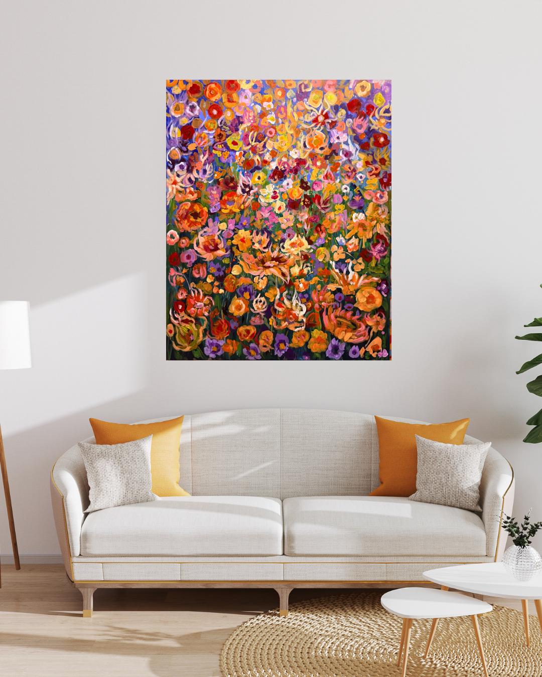 Original Floral gouache acrylic painting in Gustav Klimt style, maximalism style