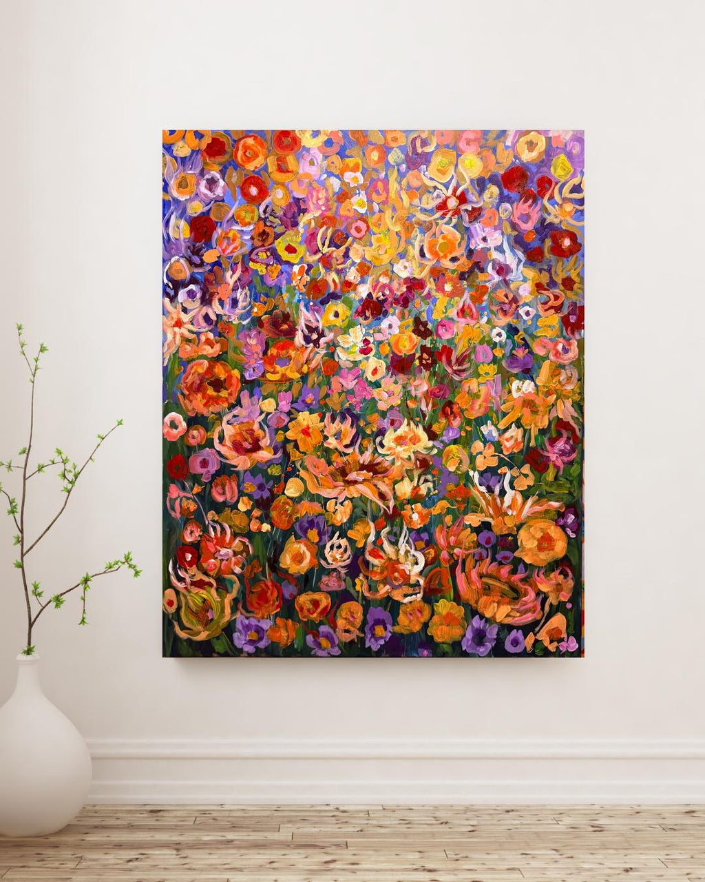 Original Floral gouache acrylic painting in Gustav Klimt style, maximalism style
