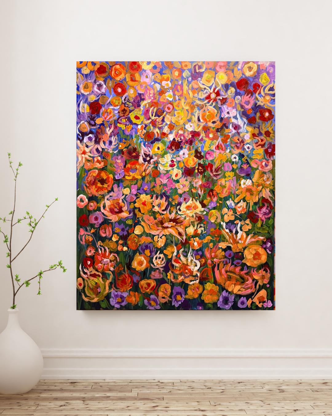 Original Floral gouache acrylic painting in Gustav Klimt style, maximalism style