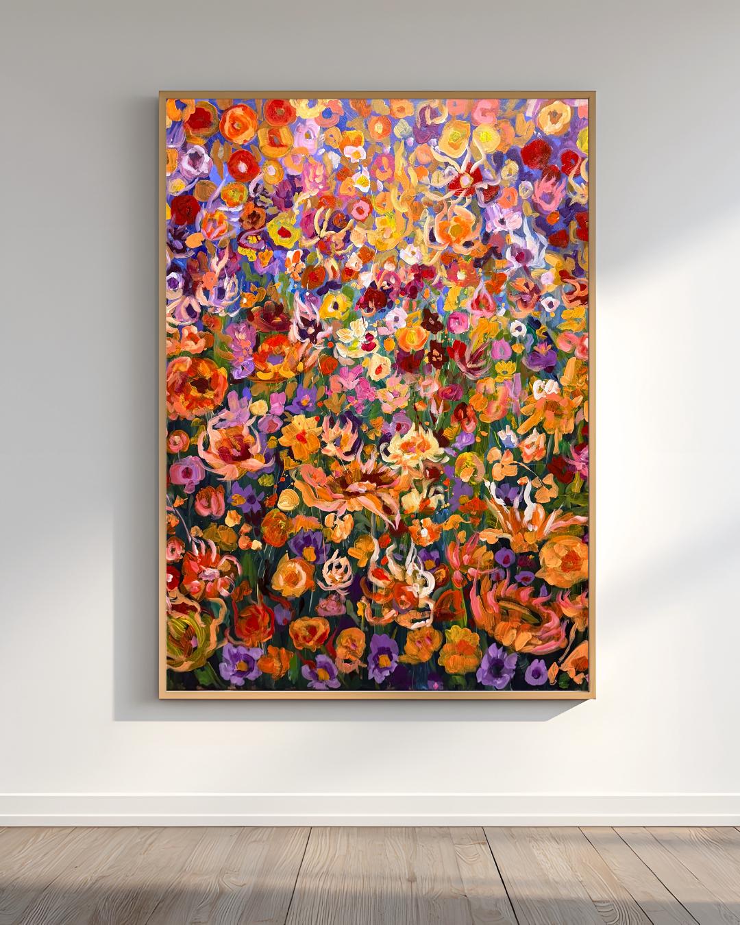 Original Floral gouache acrylic painting in Gustav Klimt style, maximalism style