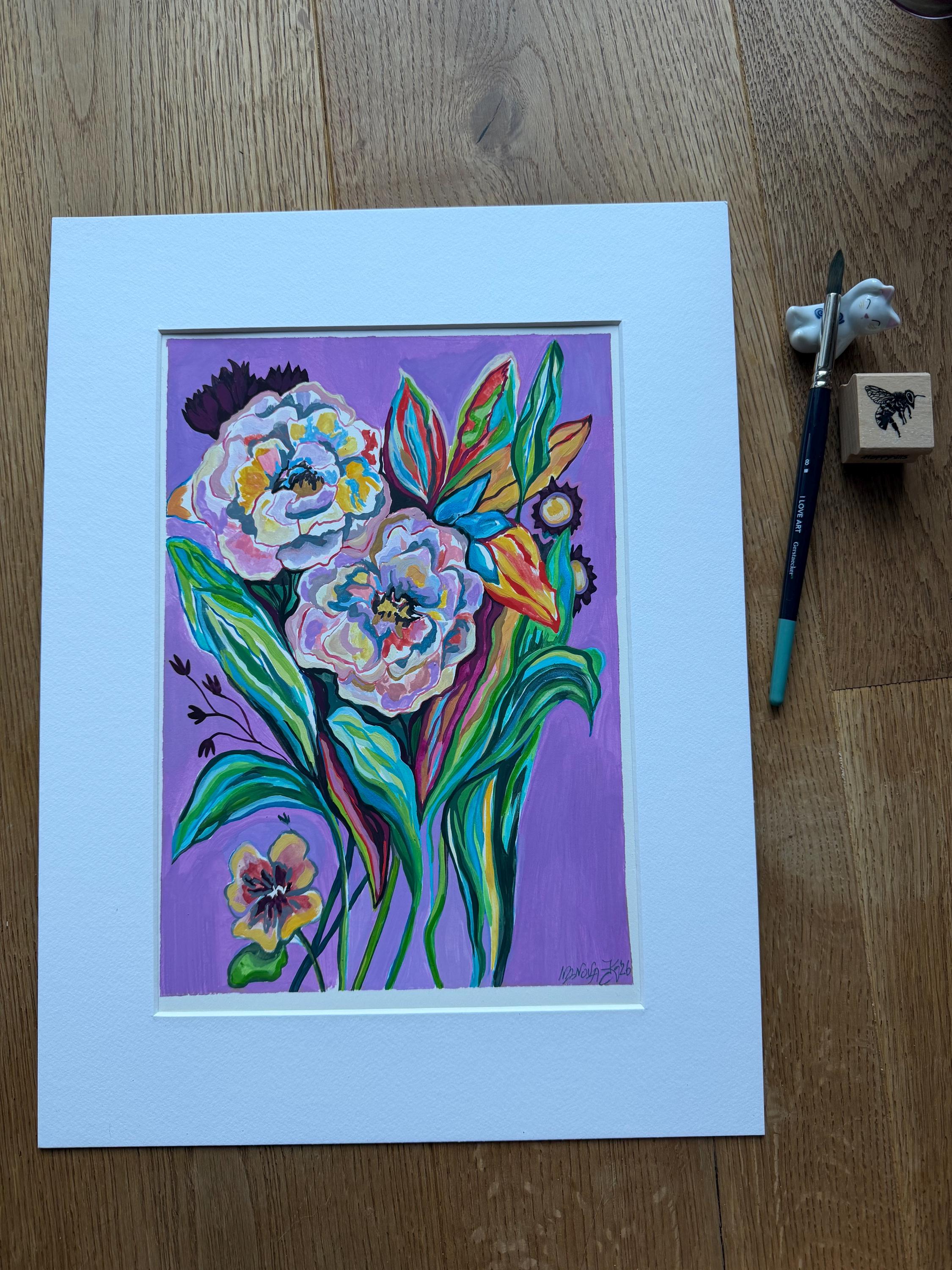 Flowers painting, Original gouache painting on smooth paper