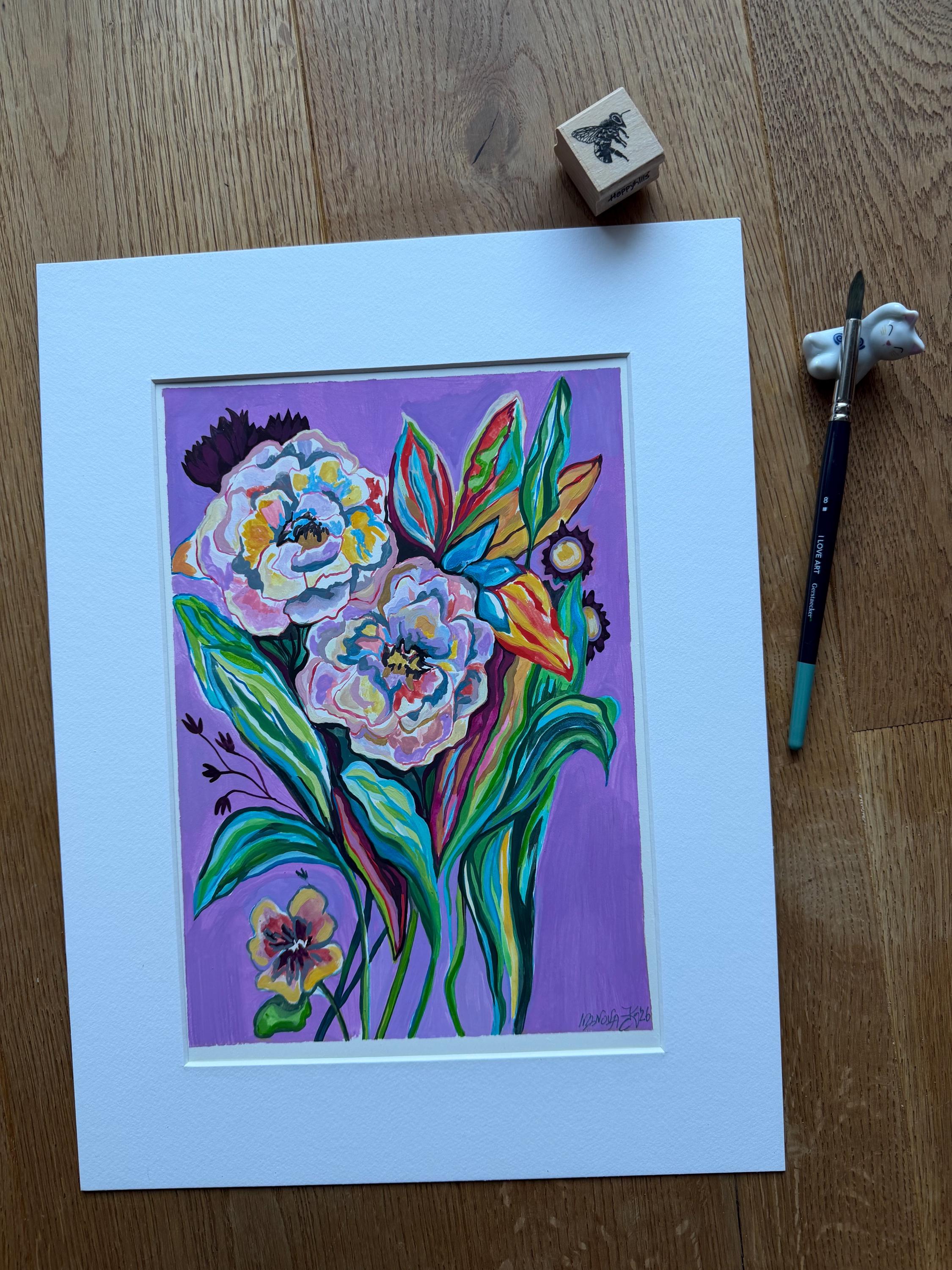 Flowers painting, Original gouache painting on smooth paper