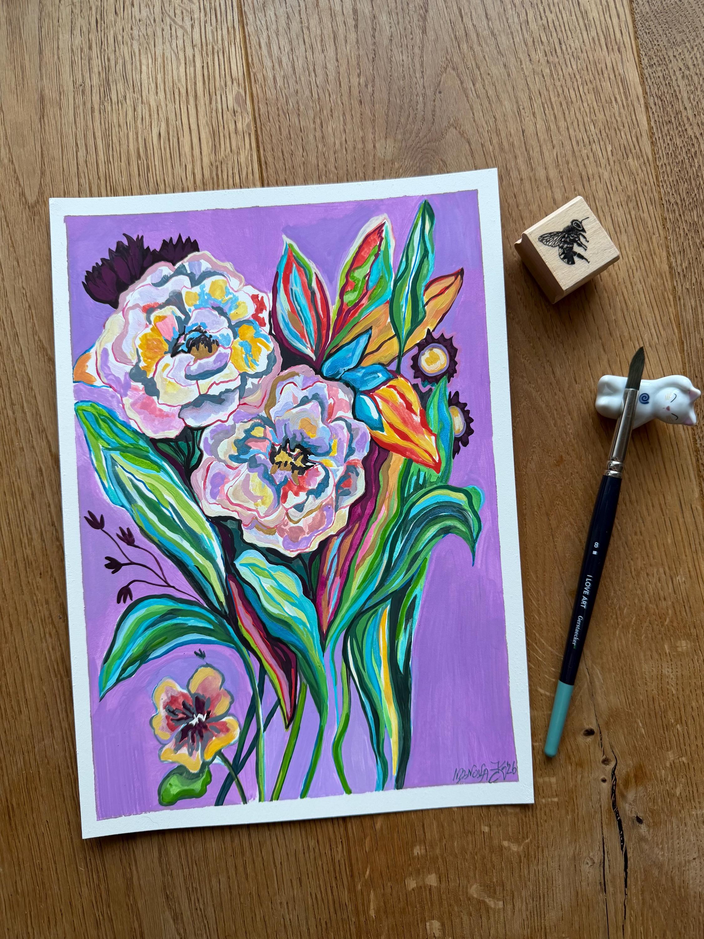 Flowers painting, Original gouache painting on smooth paper