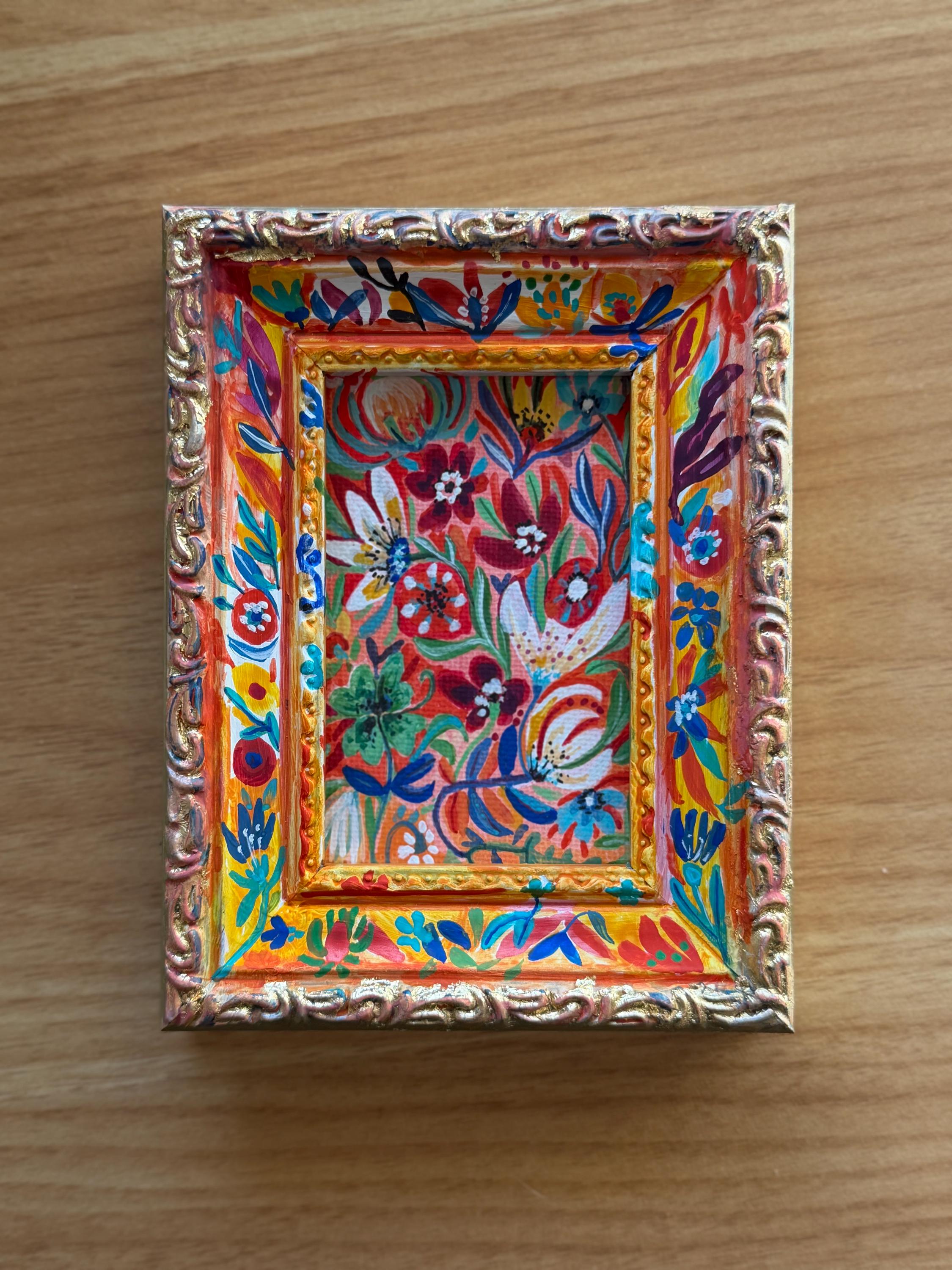 Framed Garden flowers painting, Original gouache paintings on canvas and frames