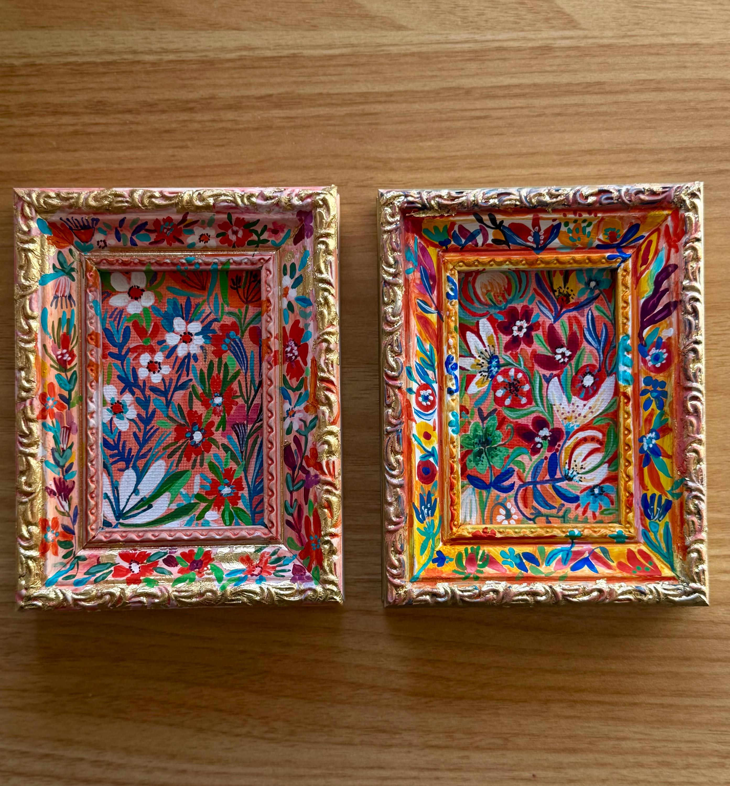 Framed Garden flowers painting, Original gouache paintings on canvas and frames