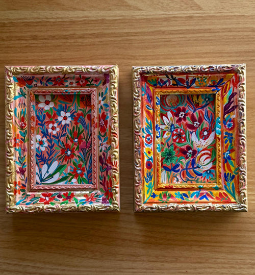 Framed Garden flowers painting, Original gouache paintings on canvas and frames