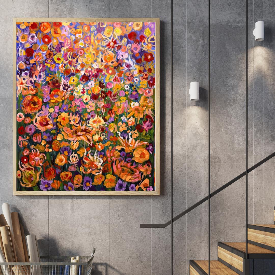 Original Floral gouache acrylic painting in Gustav Klimt style, maximalism style