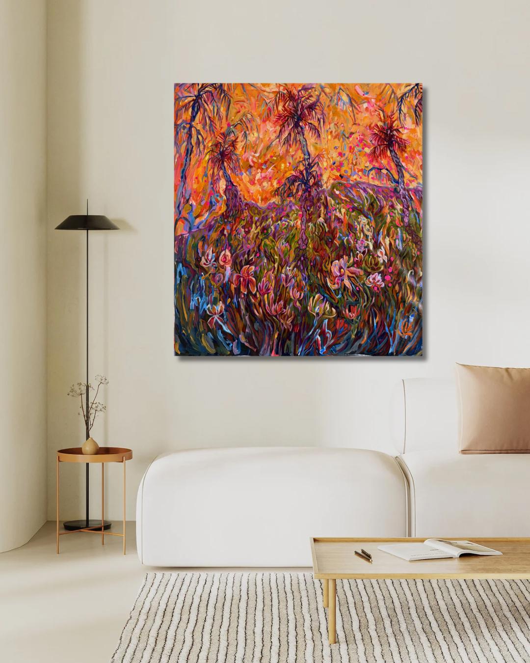 Original vibrant oil Painting wild palms and flowers on canvas