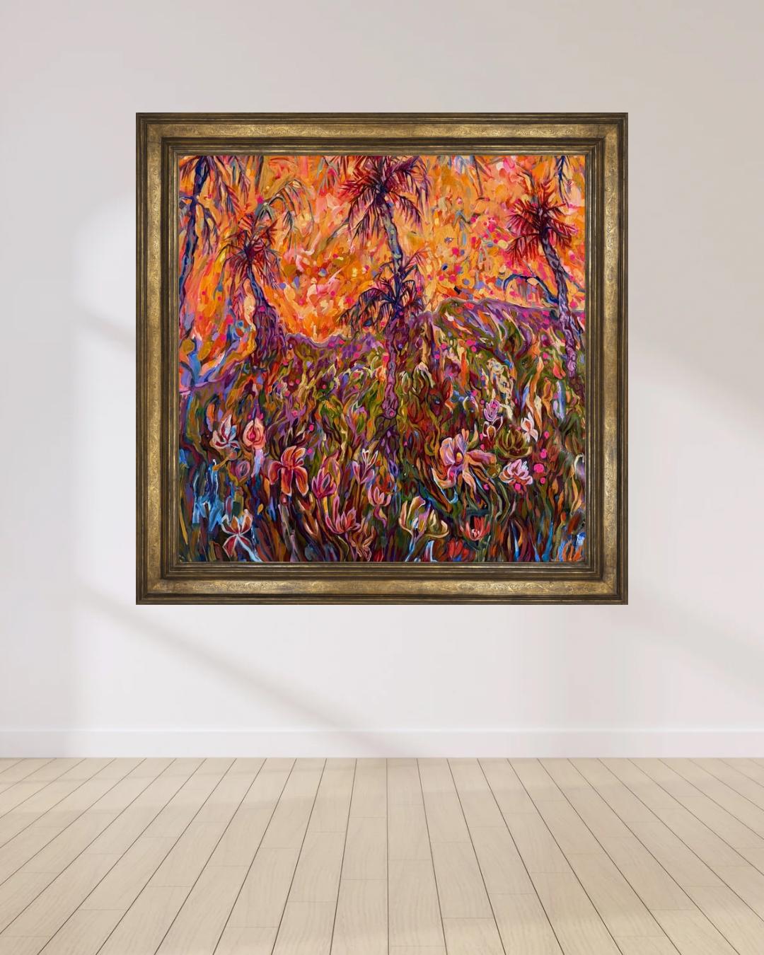 Original vibrant oil Painting wild palms and flowers on canvas