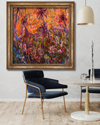 Original vibrant oil painting wild palms and flowers on canvas