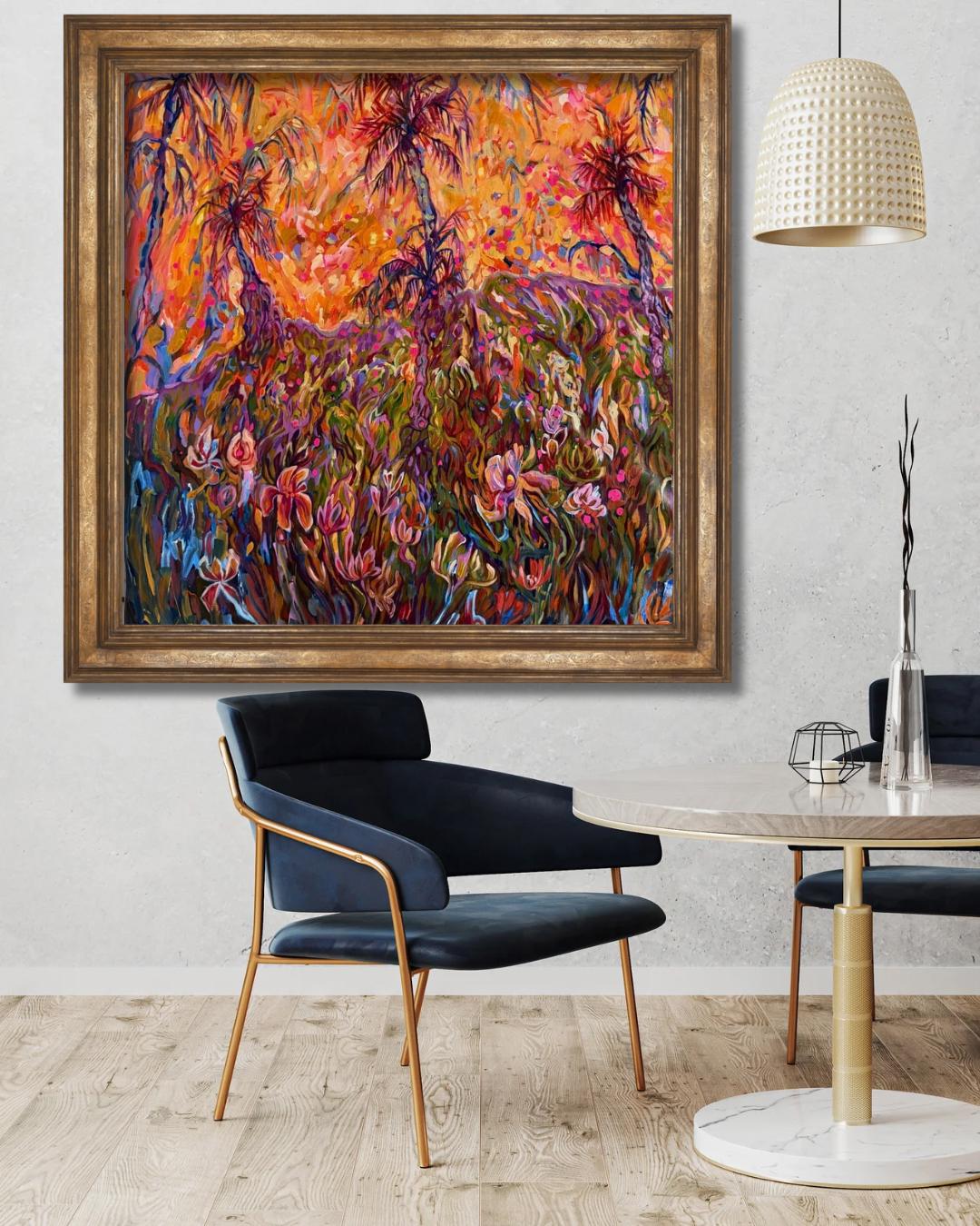 Original vibrant oil Painting wild palms and flowers on canvas