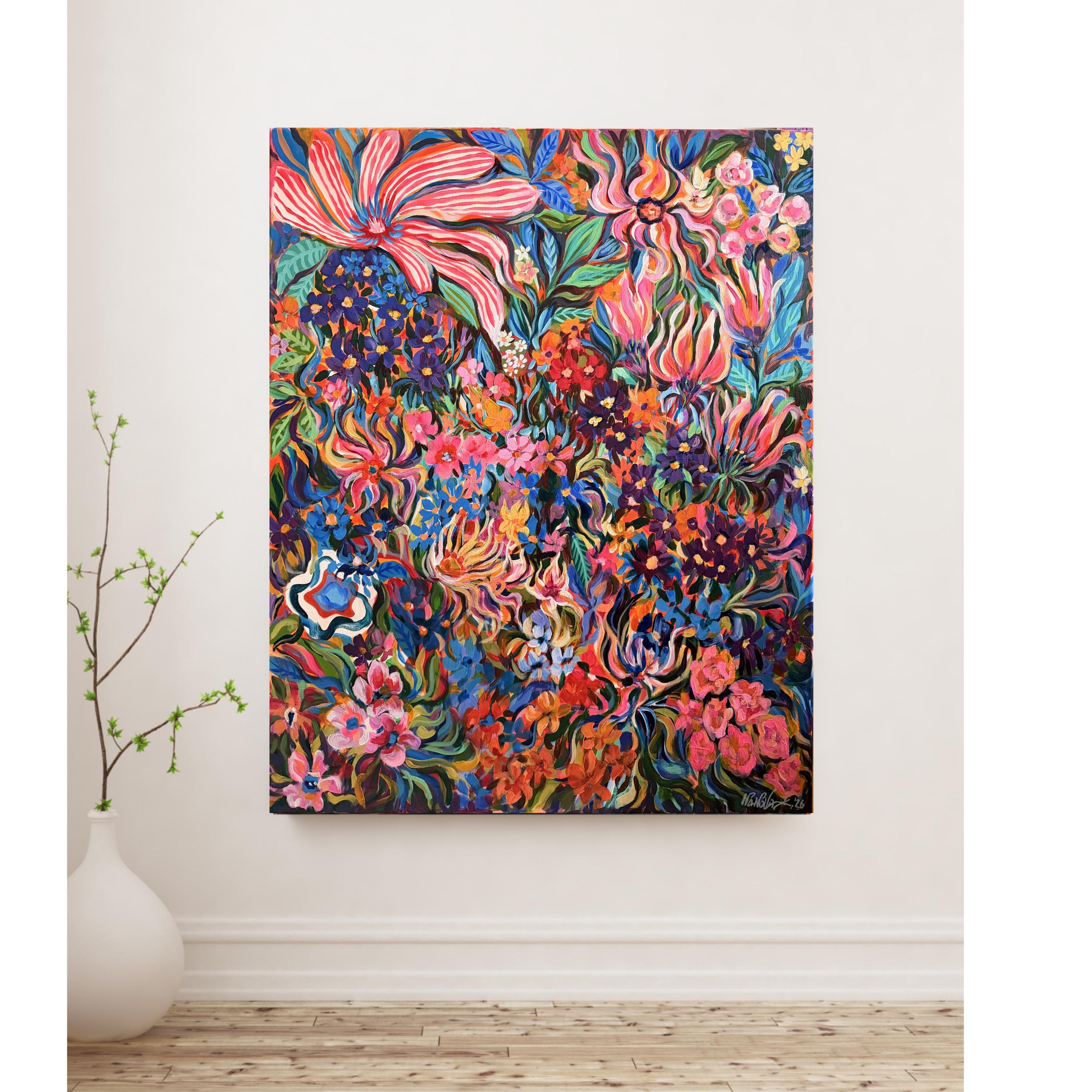 XL Original Acrylics Flower gouache acrylics painting, stretched canvas