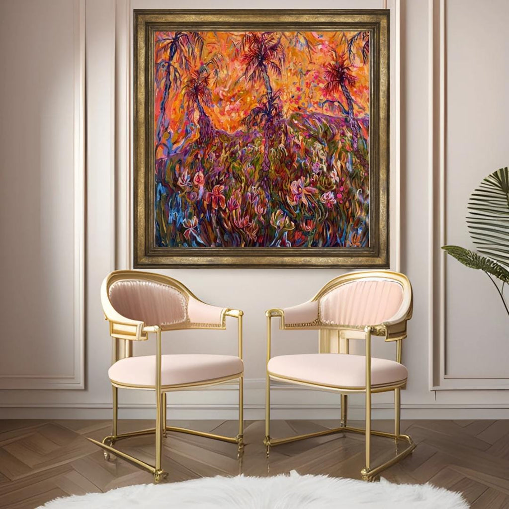 Original vibrant oil painting wild palms and flowers on canvas