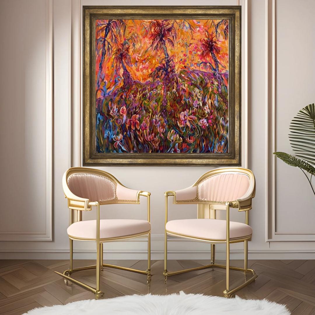 Original vibrant oil Painting wild palms and flowers on canvas