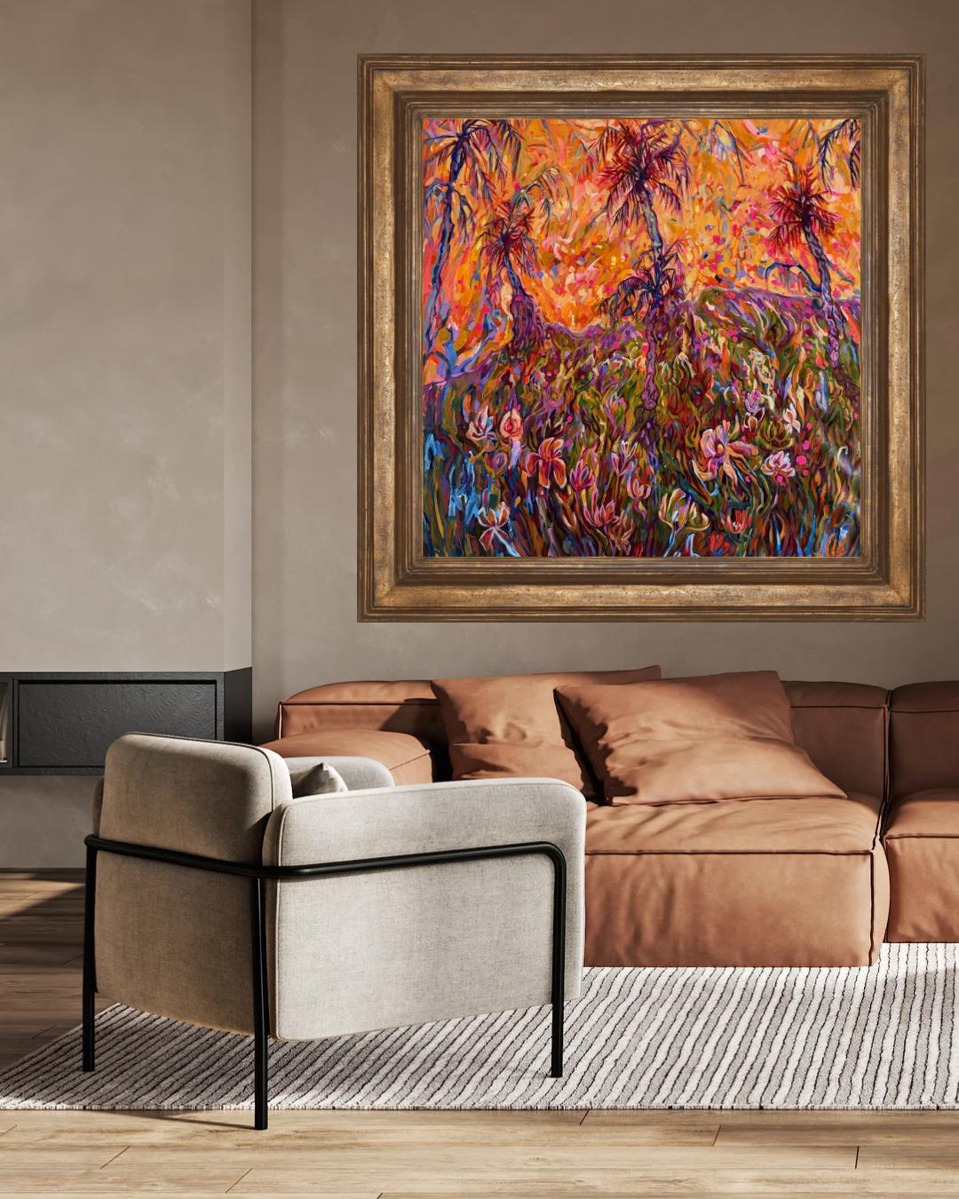 Original vibrant oil Painting wild palms and flowers on canvas
