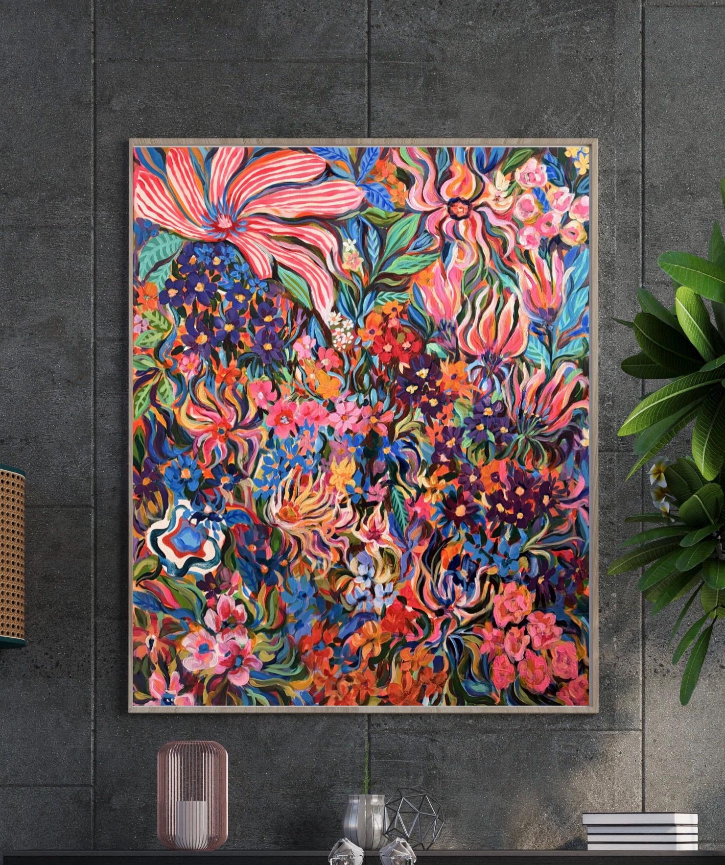 XL Original Acrylics Flower gouache acrylics painting, stretched canvas
