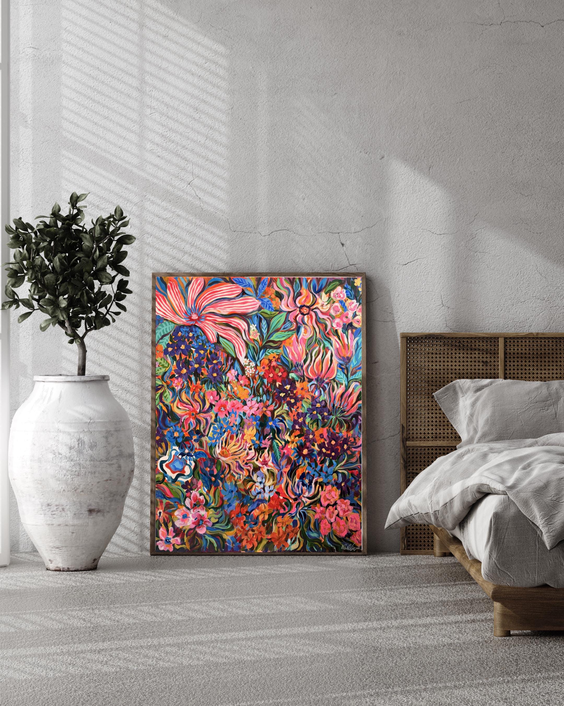 XL Original Acrylics Flower gouache acrylics painting, stretched canvas
