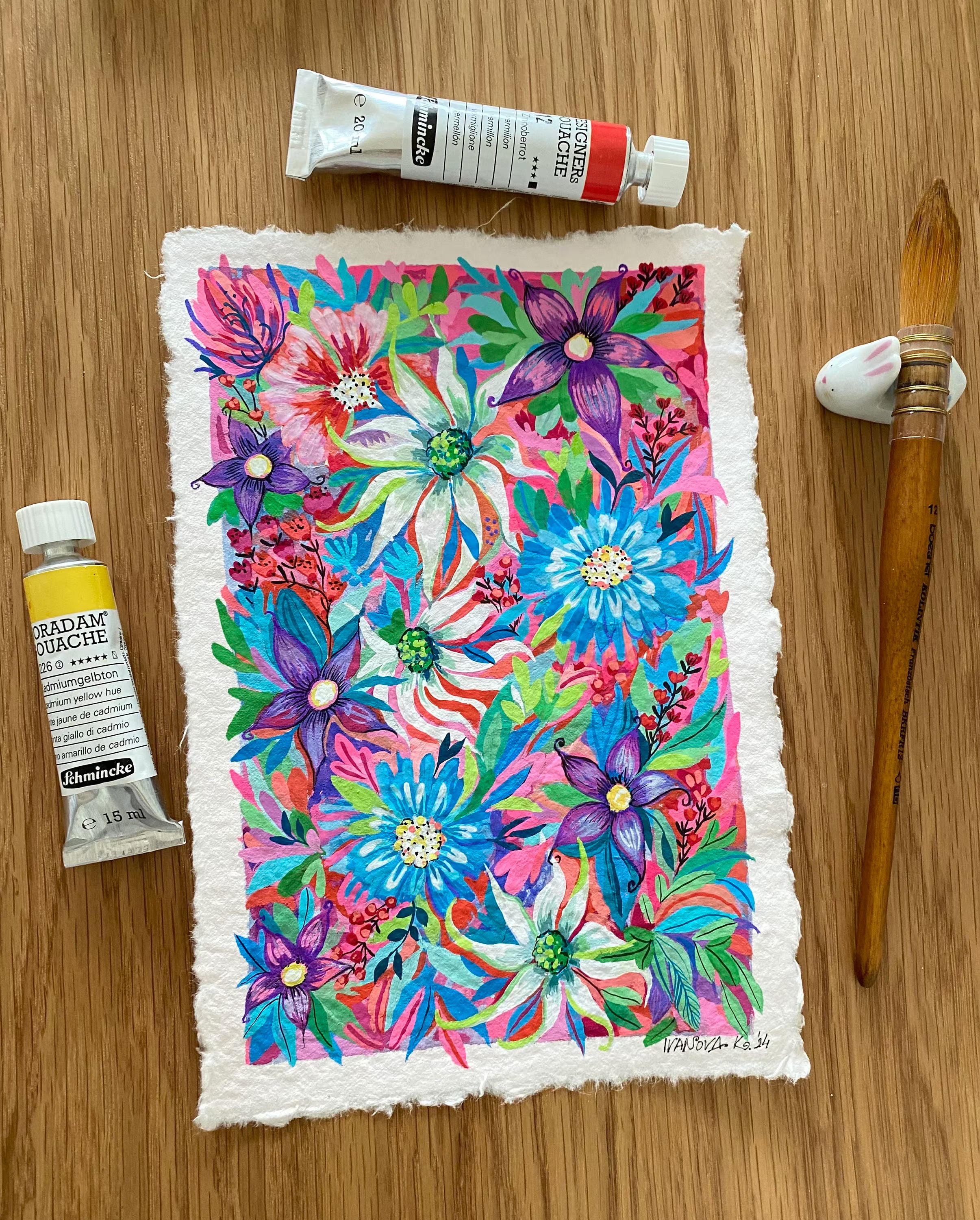 Original Gouache Blumen Malerei auf Papier