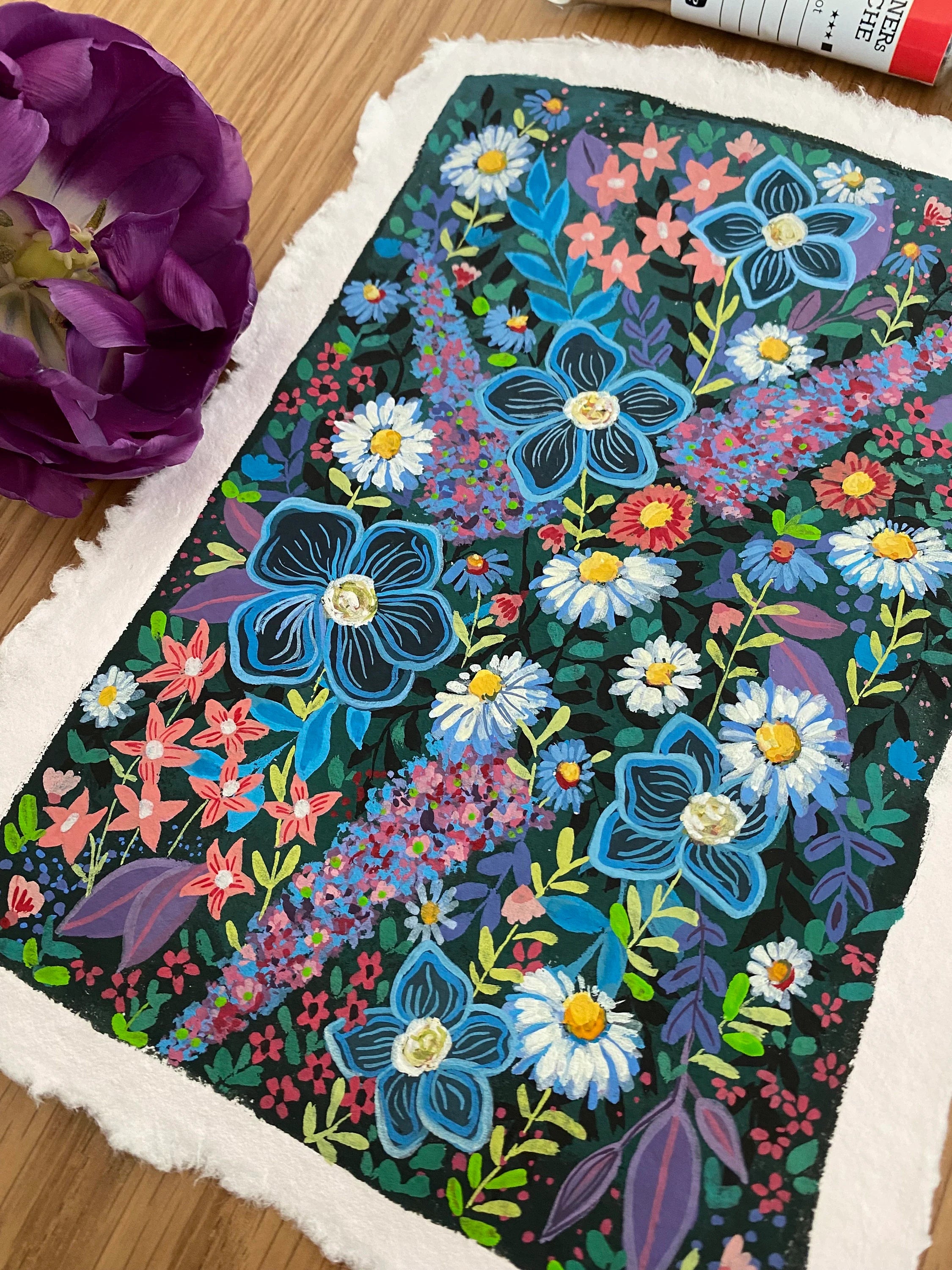 Wildblumen-Malerei, Original-Gouache auf rauem Papier