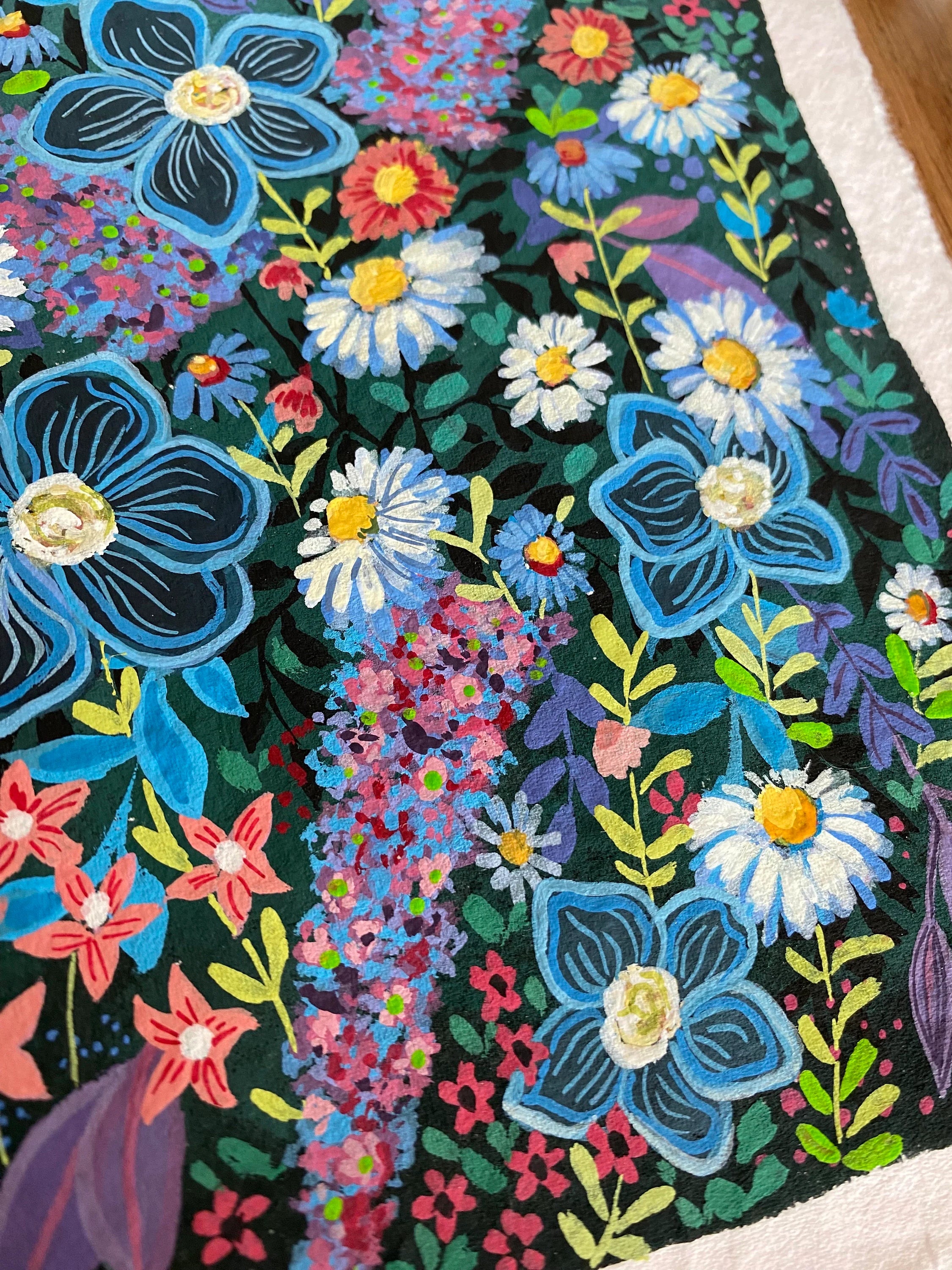 Wildblumen-Malerei, Original-Gouache auf rauem Papier
