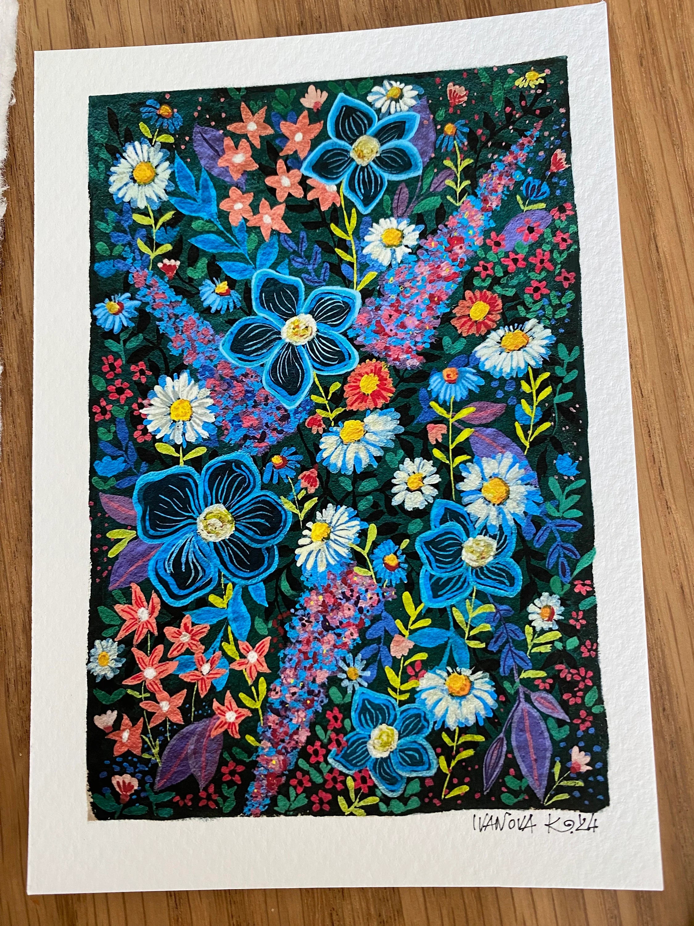 Original Gouache Blumen Malerei auf Papier