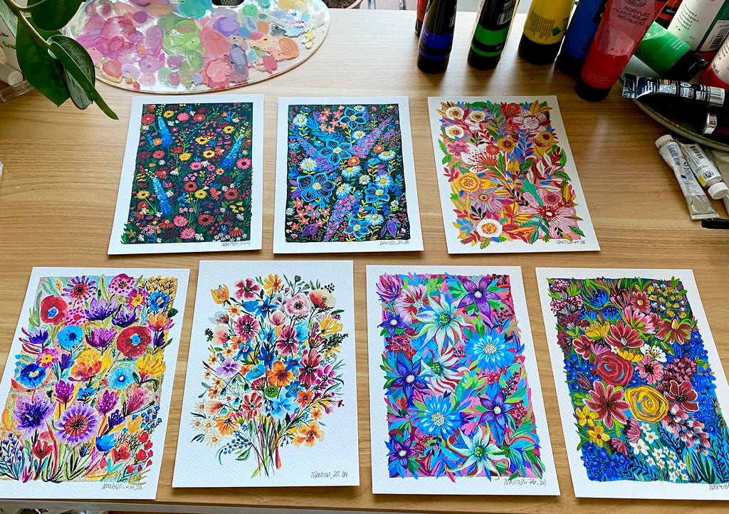Original Gouache Blumen Malerei auf Papier