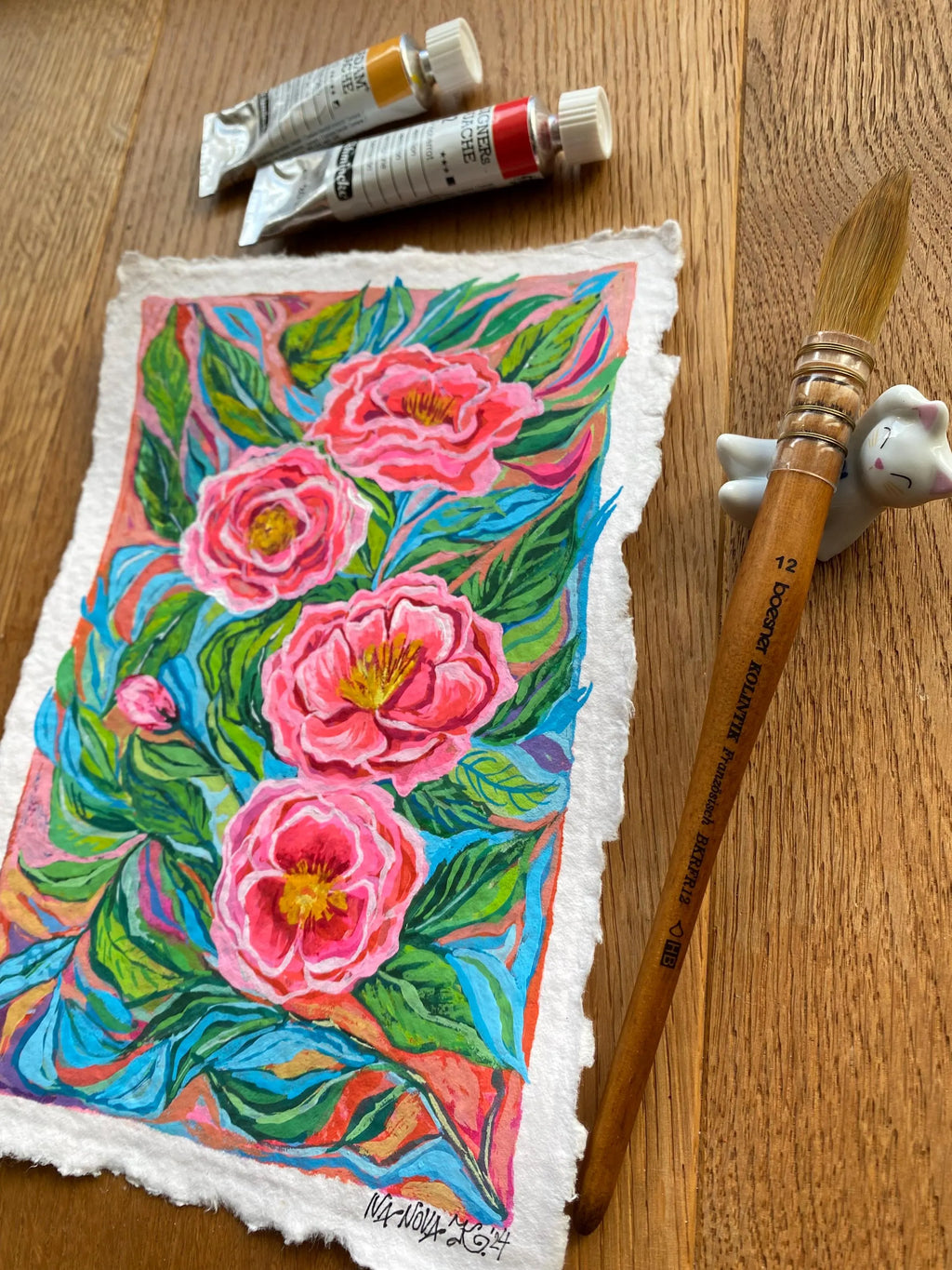 "Wild vibrant roses" — Original gouache painting on rough paper | Katerina Ivanova