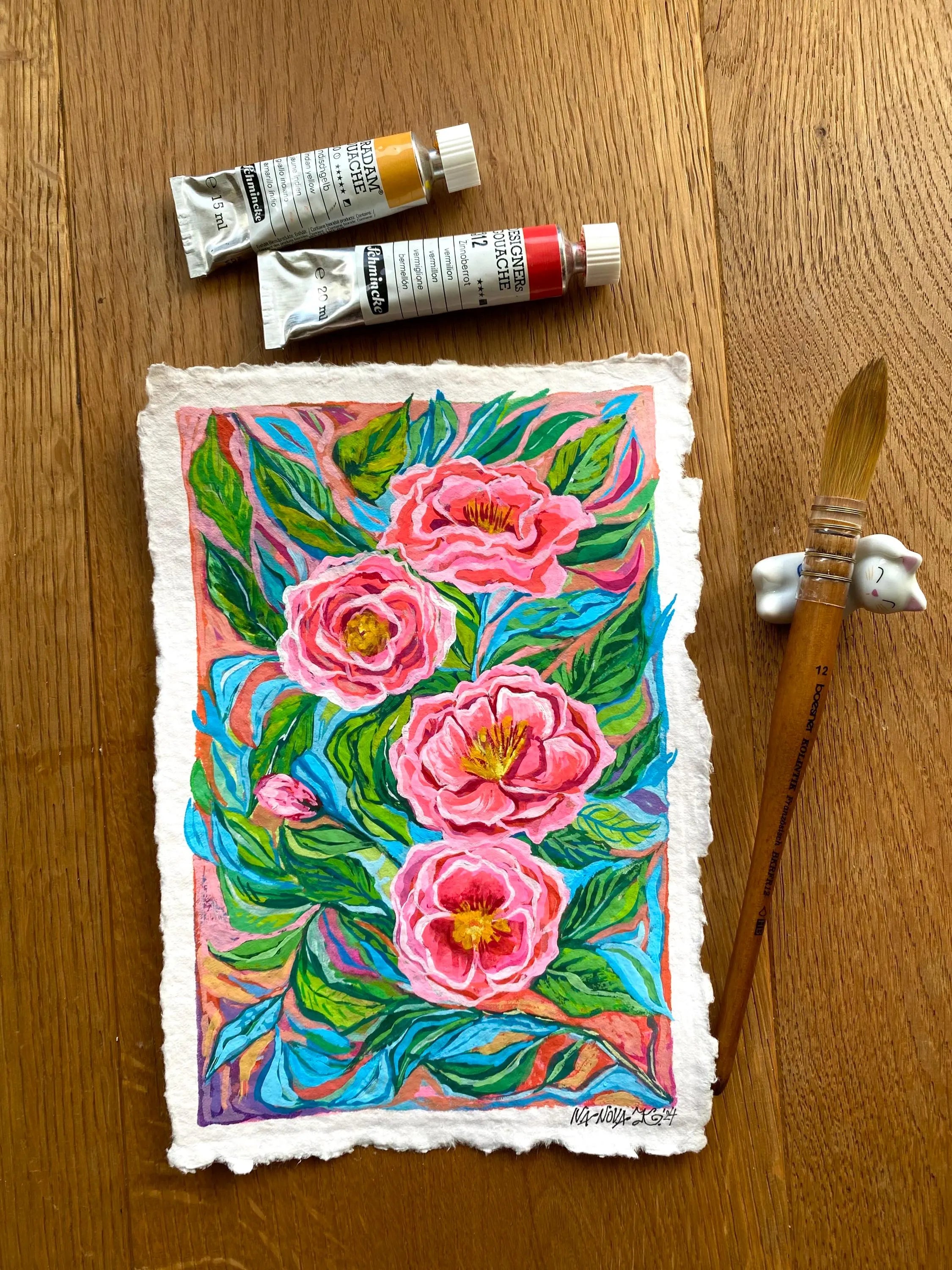 "Wild vibrant roses" — Original gouache painting on rough paper | Katerina Ivanova