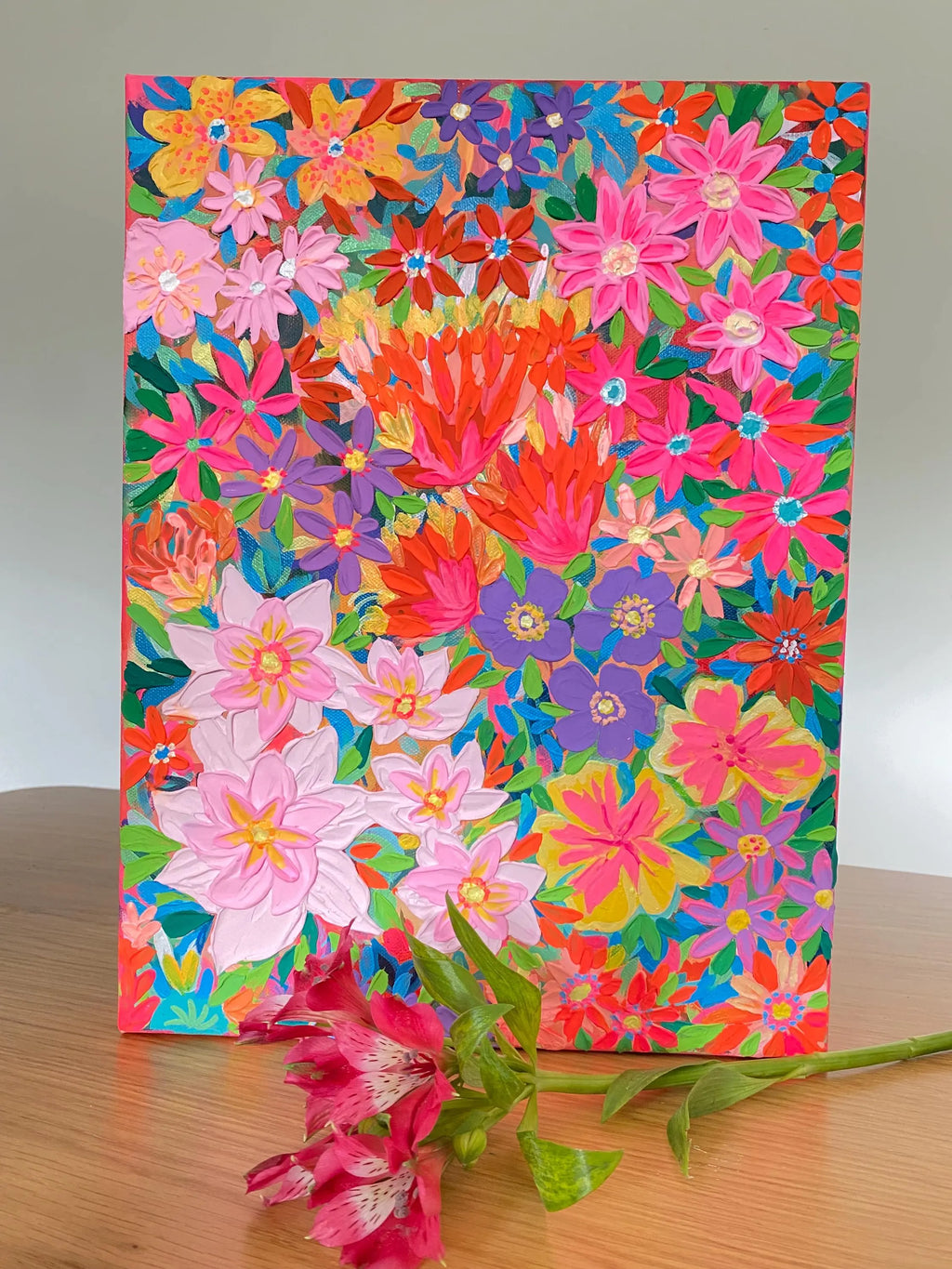 Helle Blumen Malerei, Original Gouache Malerei auf rauem Papier